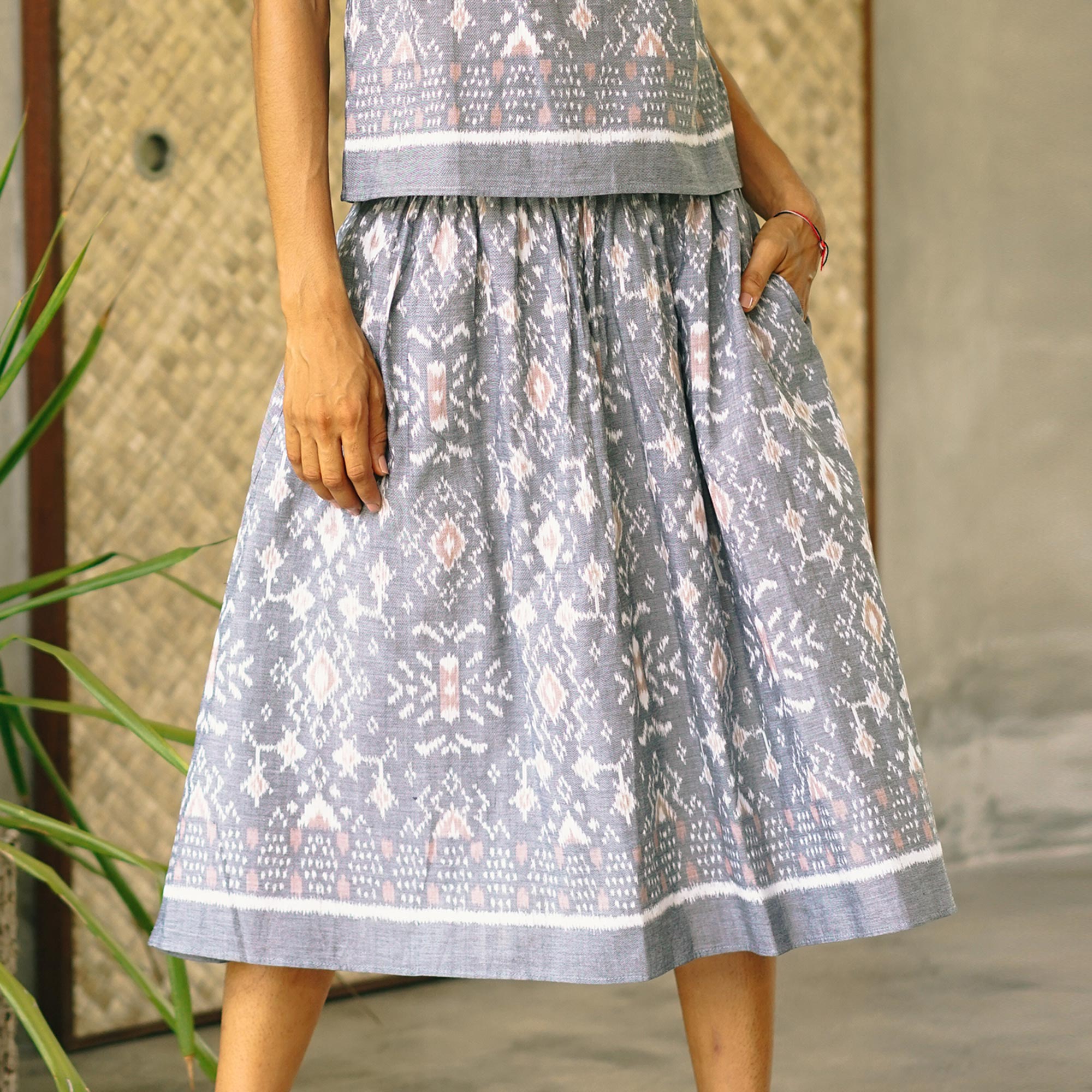 Grey Gardens Hand Woven Cotton Midi Ikat Skirt from Bali