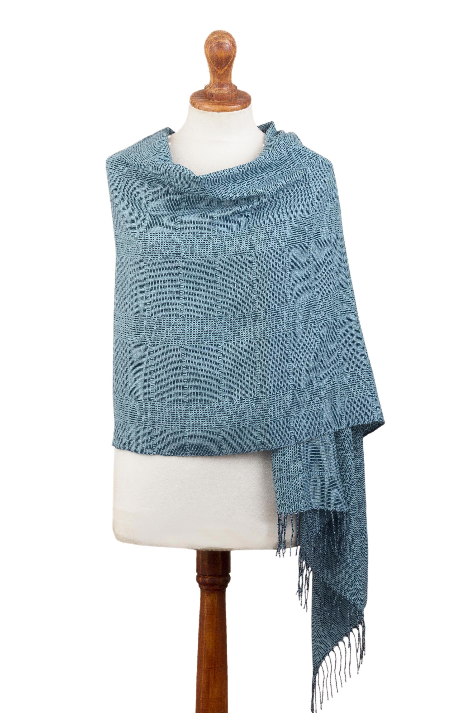 Whispering Azure Azure Blue Patterned Handwoven Baby Alpaca Shawl