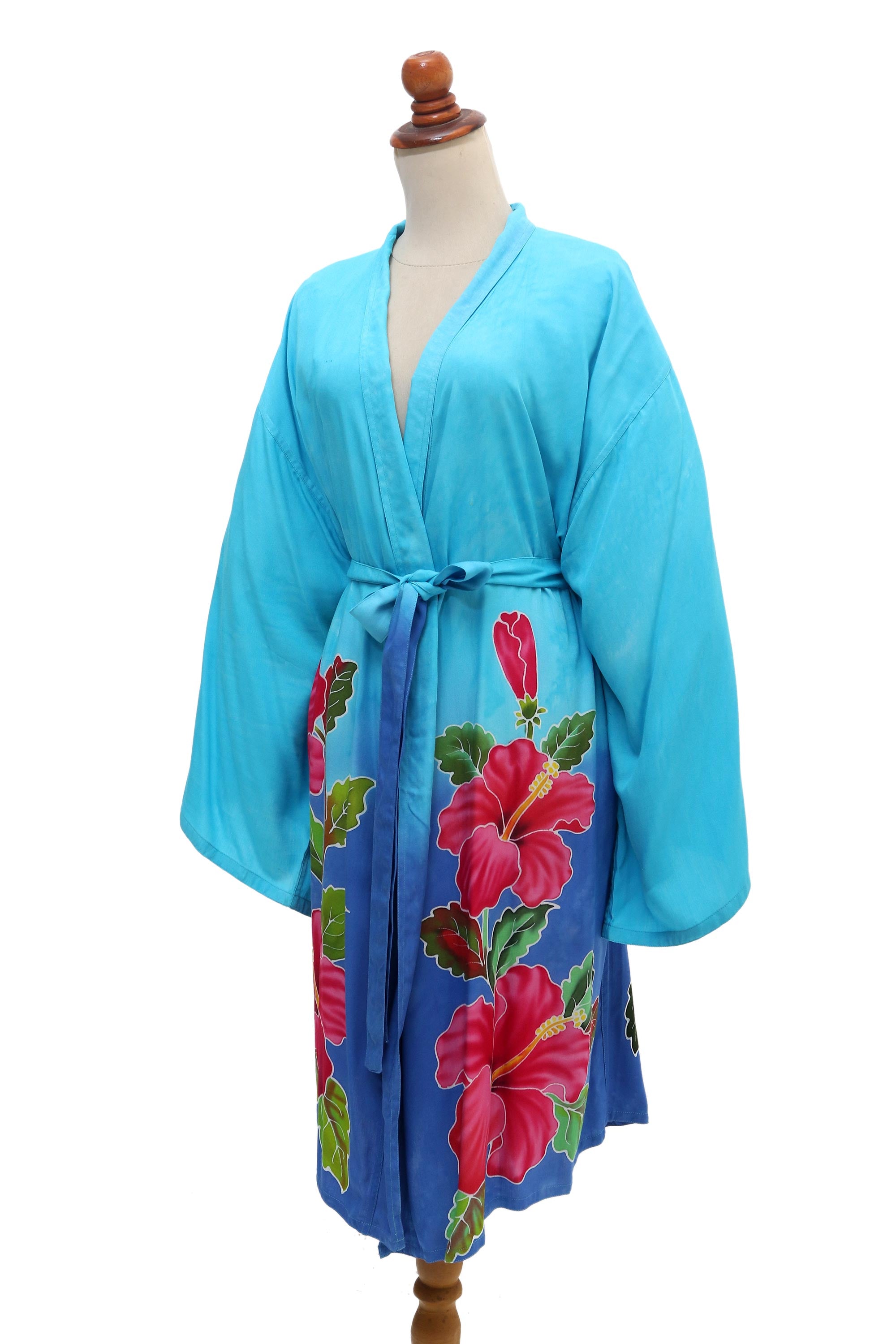 Sky Lotus Hand-Painted Blue Rayon Robe from Bali