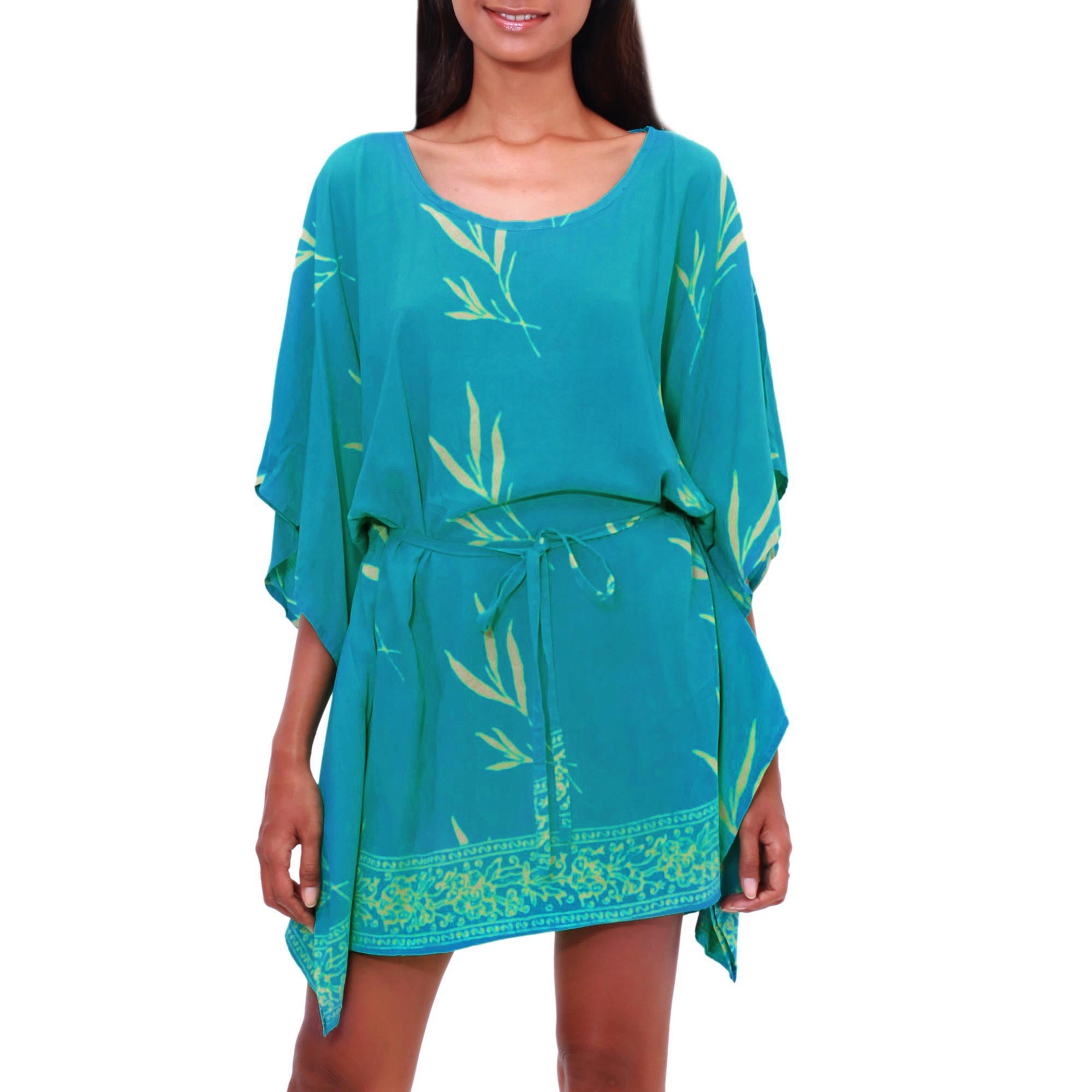 Balinese Breeze in Turquoise Batik Rayon caftan in Turquoise and Lemon