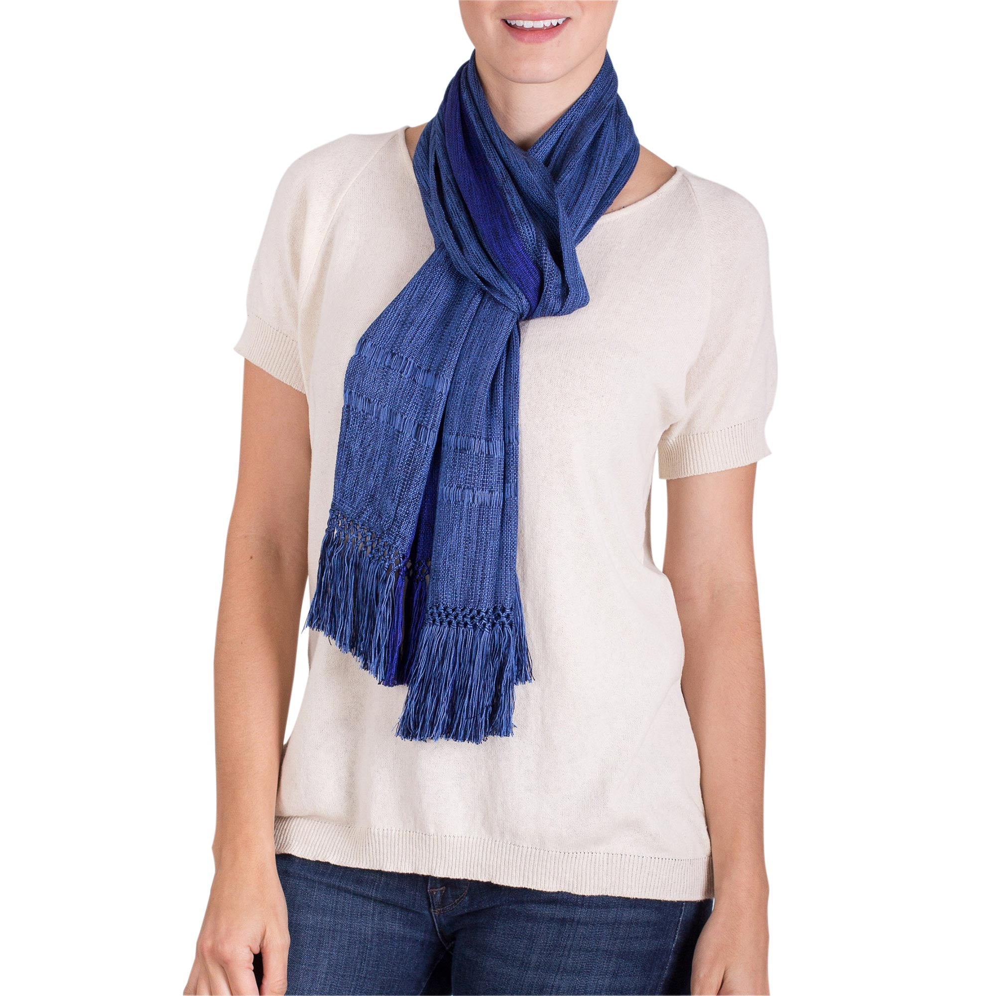 November Skies Loom Woven Blue Striped Rayon Scarf from Guatemala