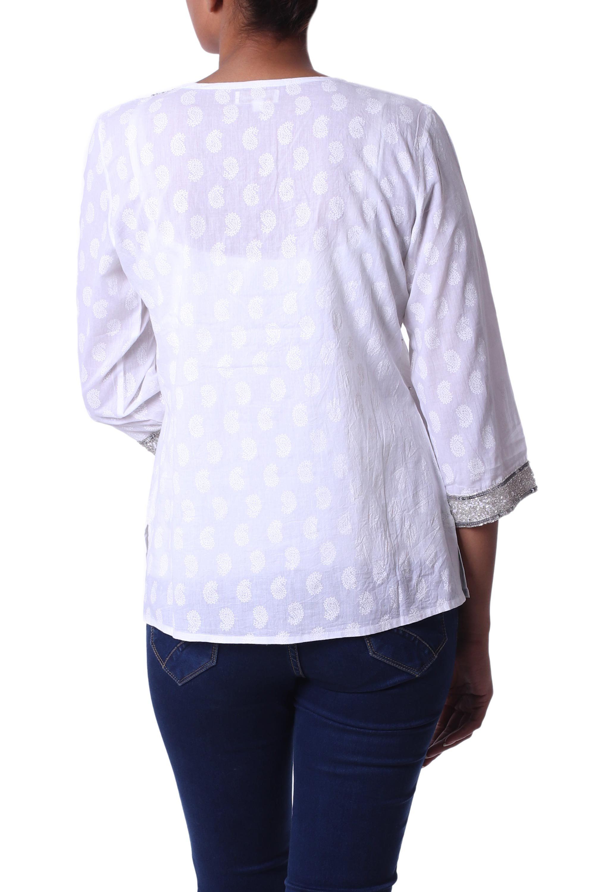 Dazzling White Cotton Beaded Blouse