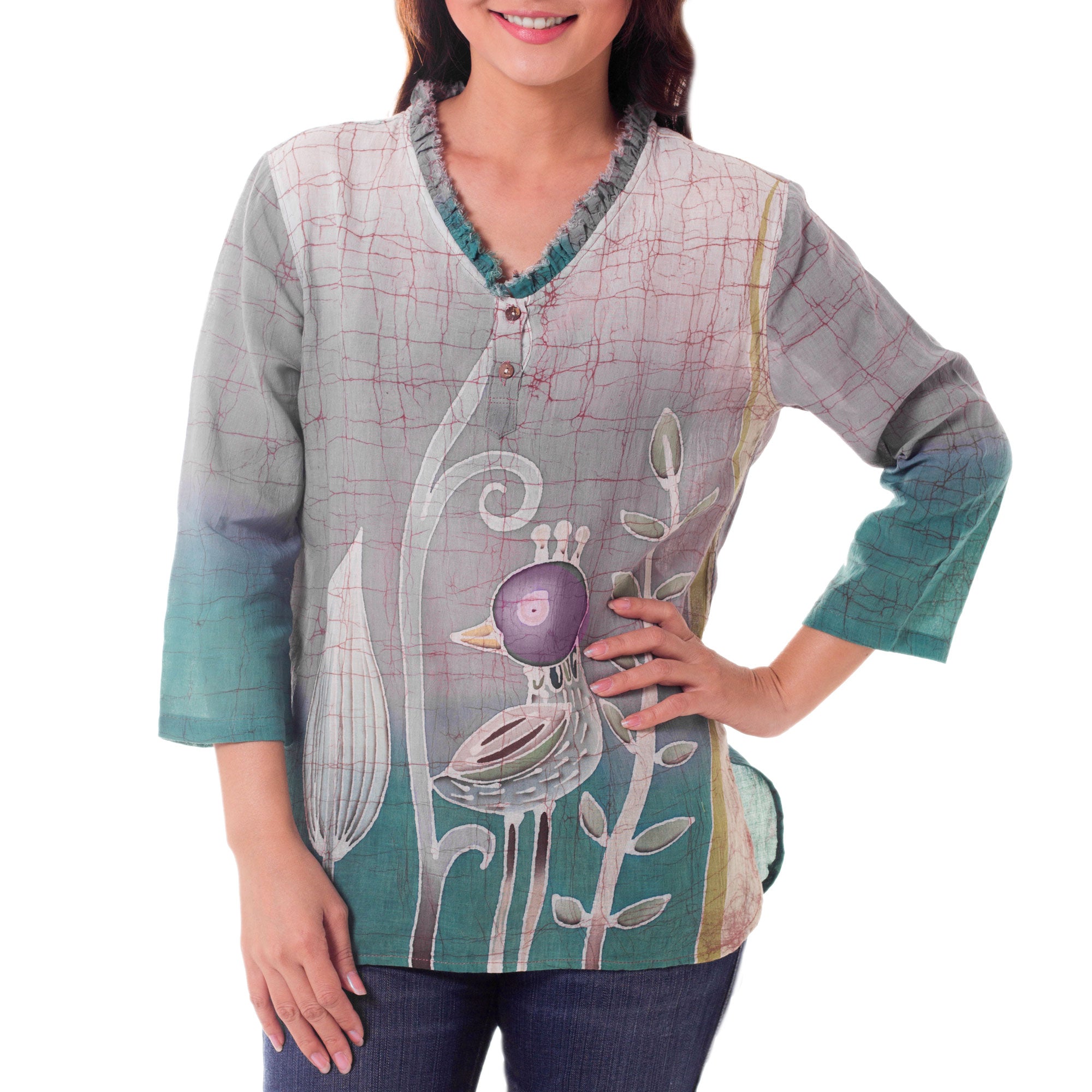 Purple Bird Green & Purple Cotton Batik Tunic