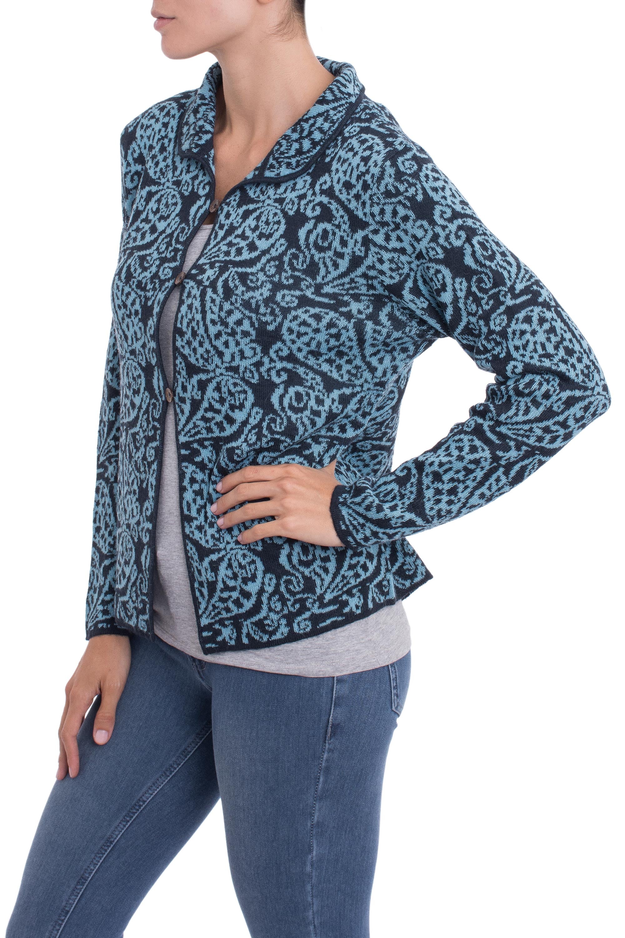 Paisley Elegance in Cerulean Alpaca Blend Cardigan with Cerulean Paisley Motifs from Peru