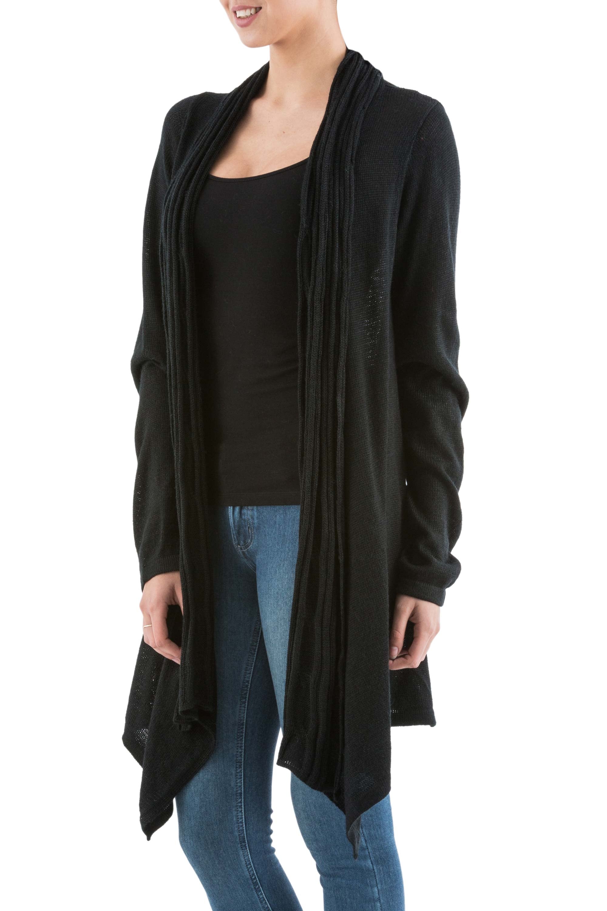 Black Waterfall Dream Long Sleeved Black Cardigan Sweater from Peru