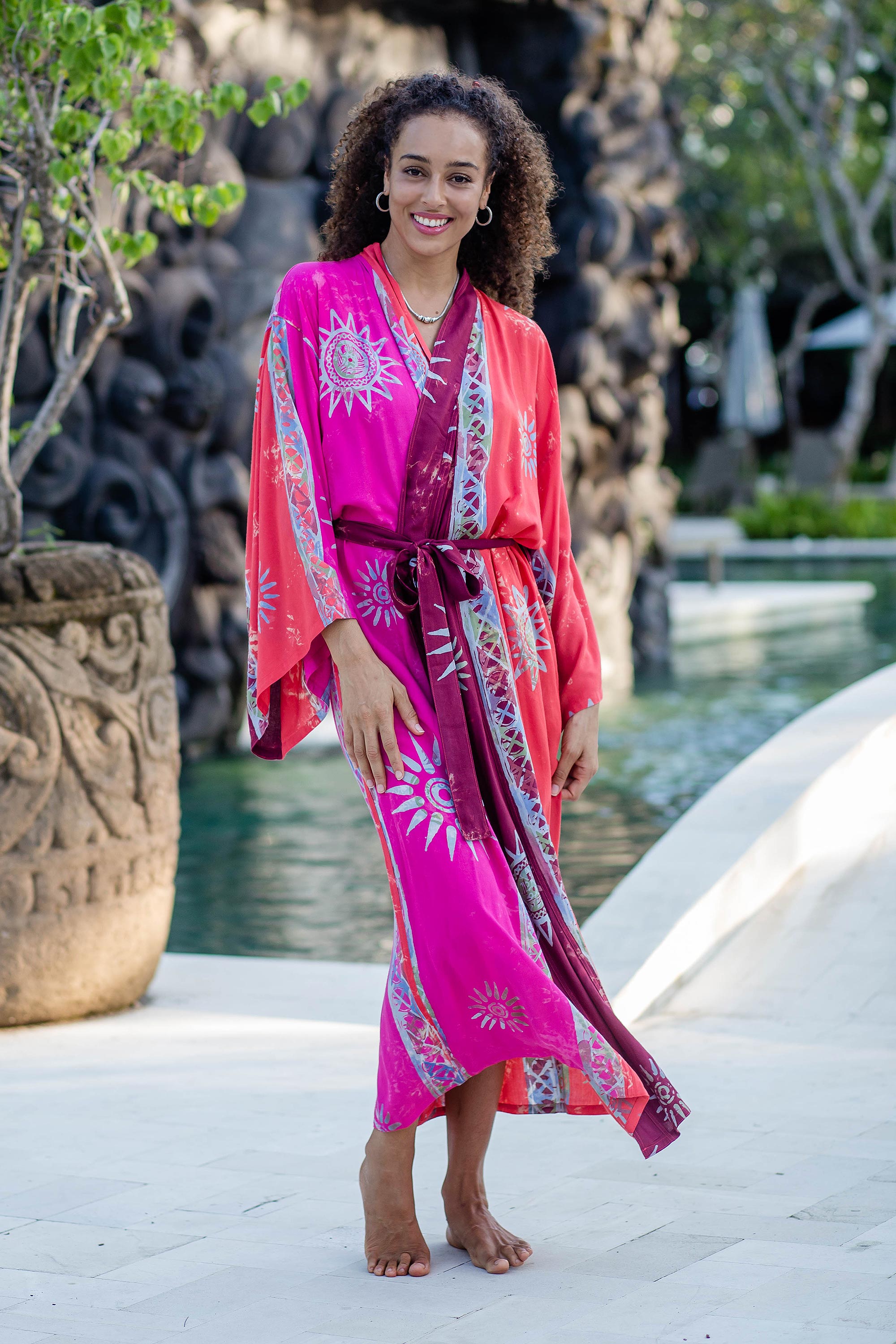 Bright Firework Hot Pink Batik Rayon Robe from Bali