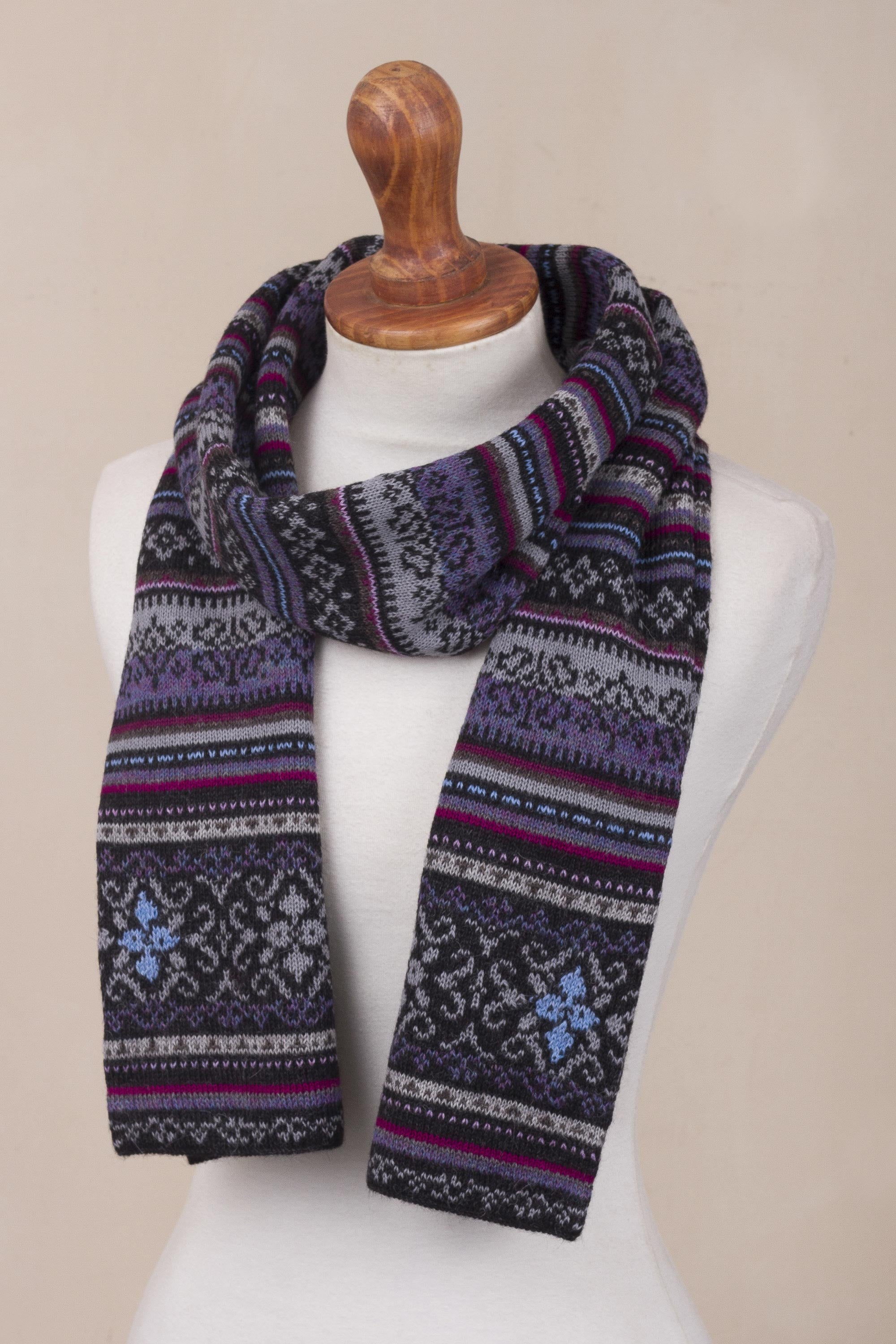 Sierra Charcoal Alpaca Wool Striped Knit Scarf from Peru