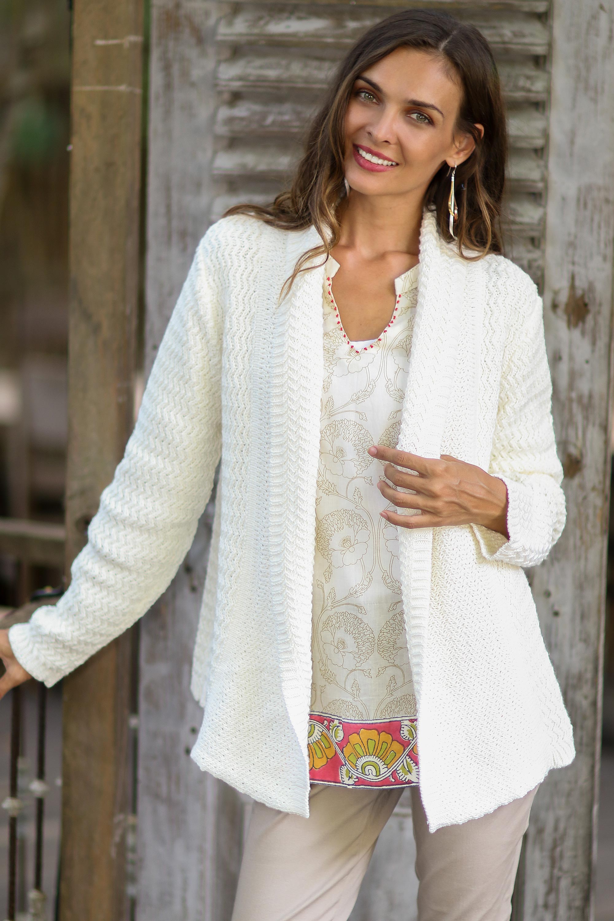 Zigzag Knit in Ivory Knit Cotton Cardigan in Ivory from Thailand