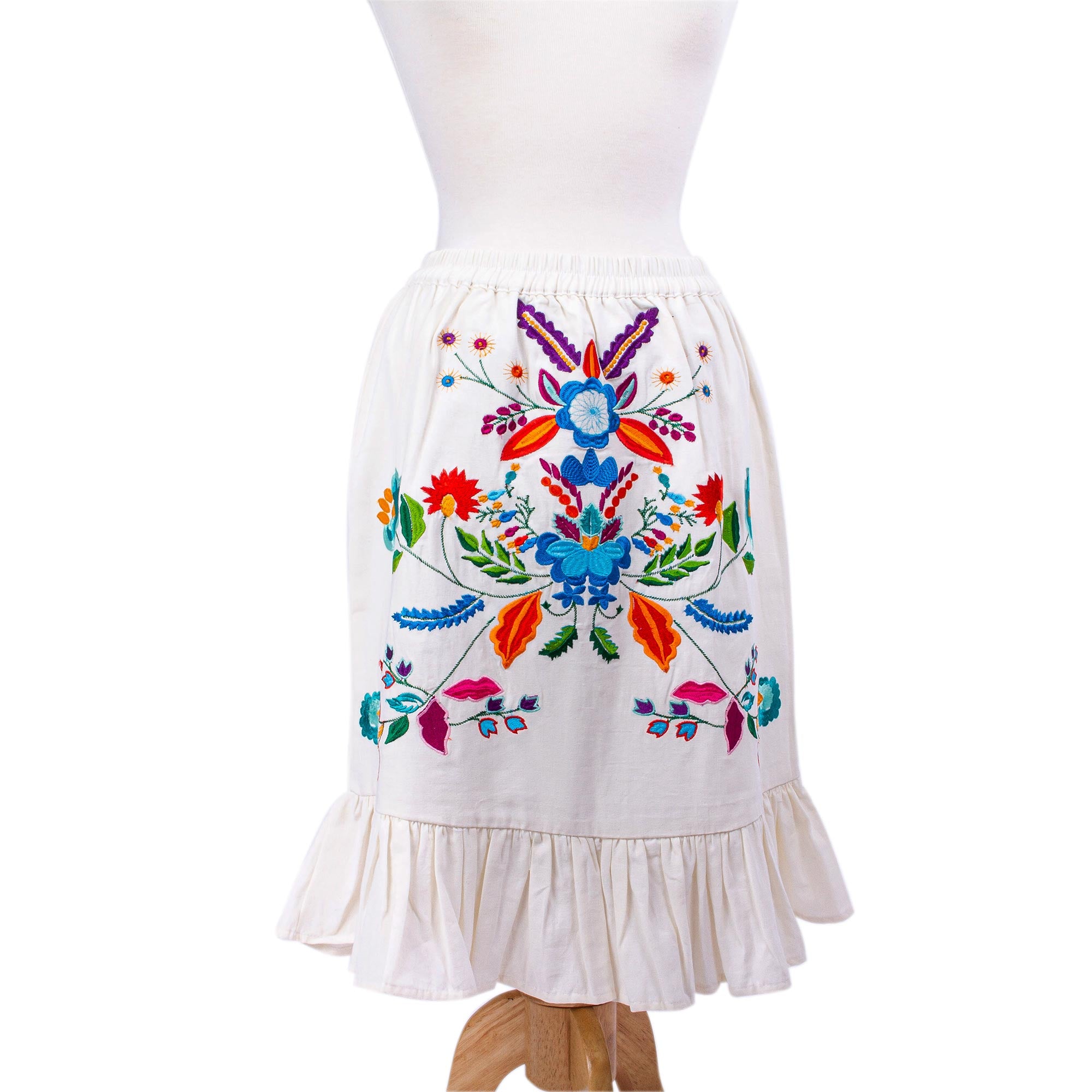 Bright Oaxaca Blossoms Colorful Hand Embroidered White Cotton Ruffled Skirt