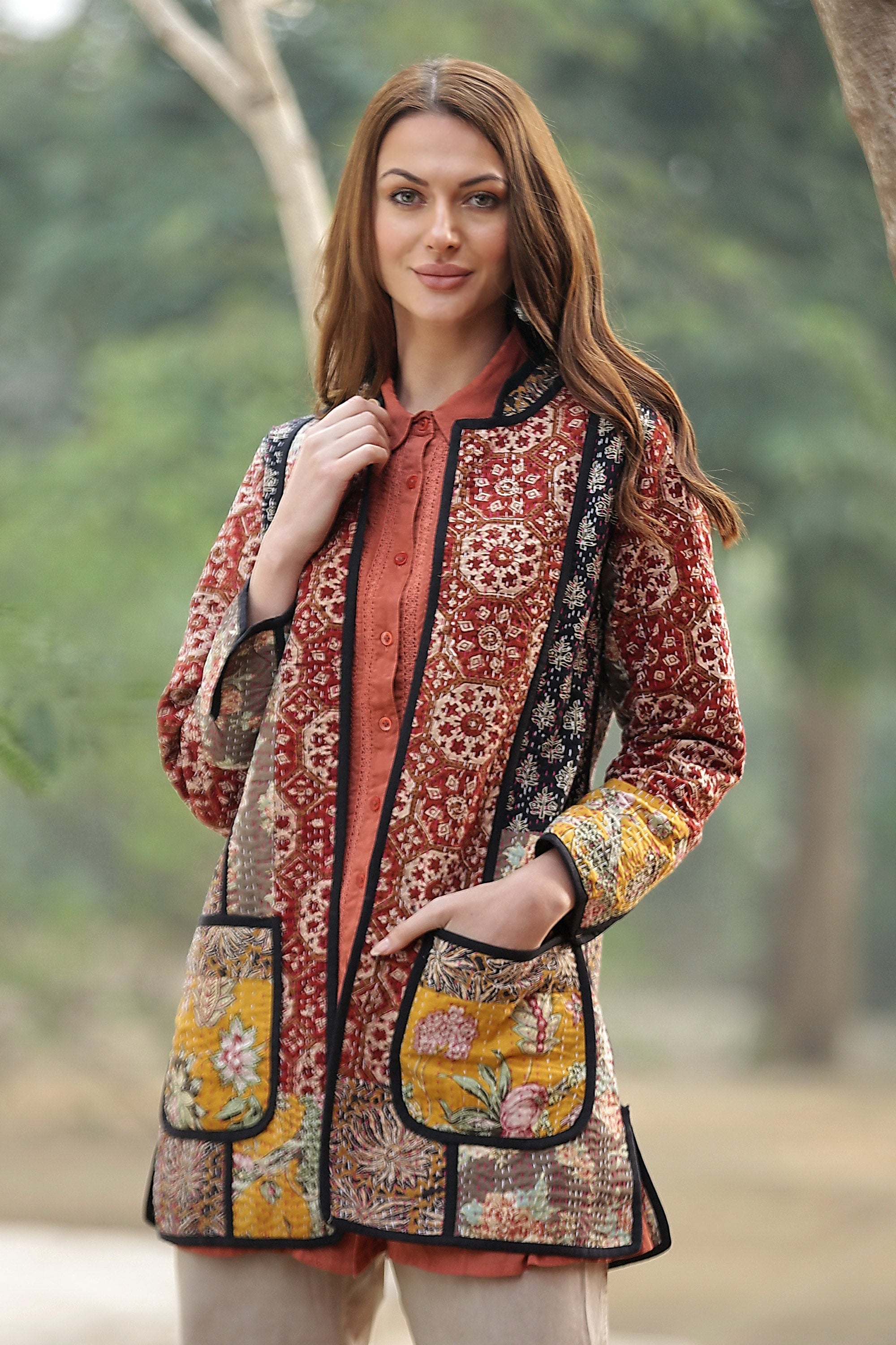 Floral Fusion Cotton Patchwork Jacket with Kantha Stitching