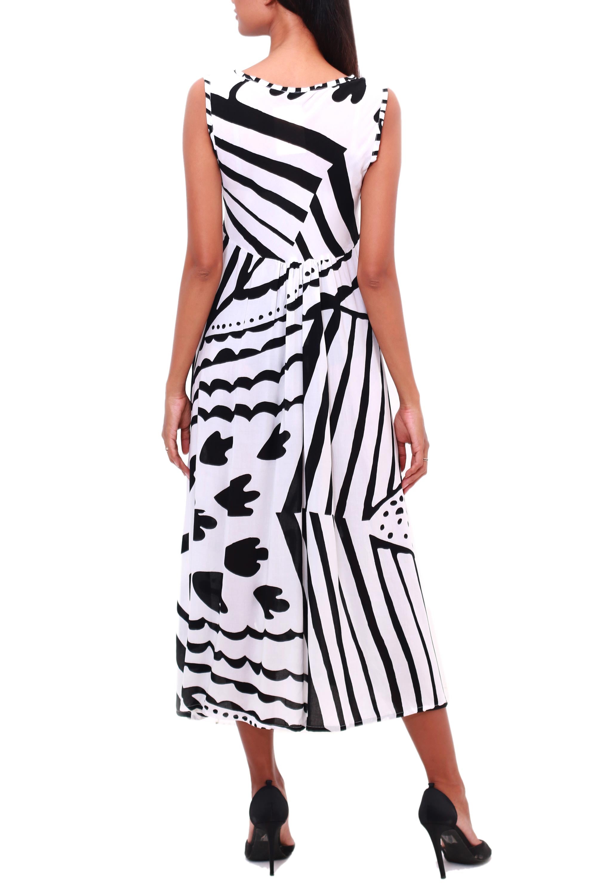 Black and White Jungle Onyx and Eggshell Rayon A-Line Dress from Bali