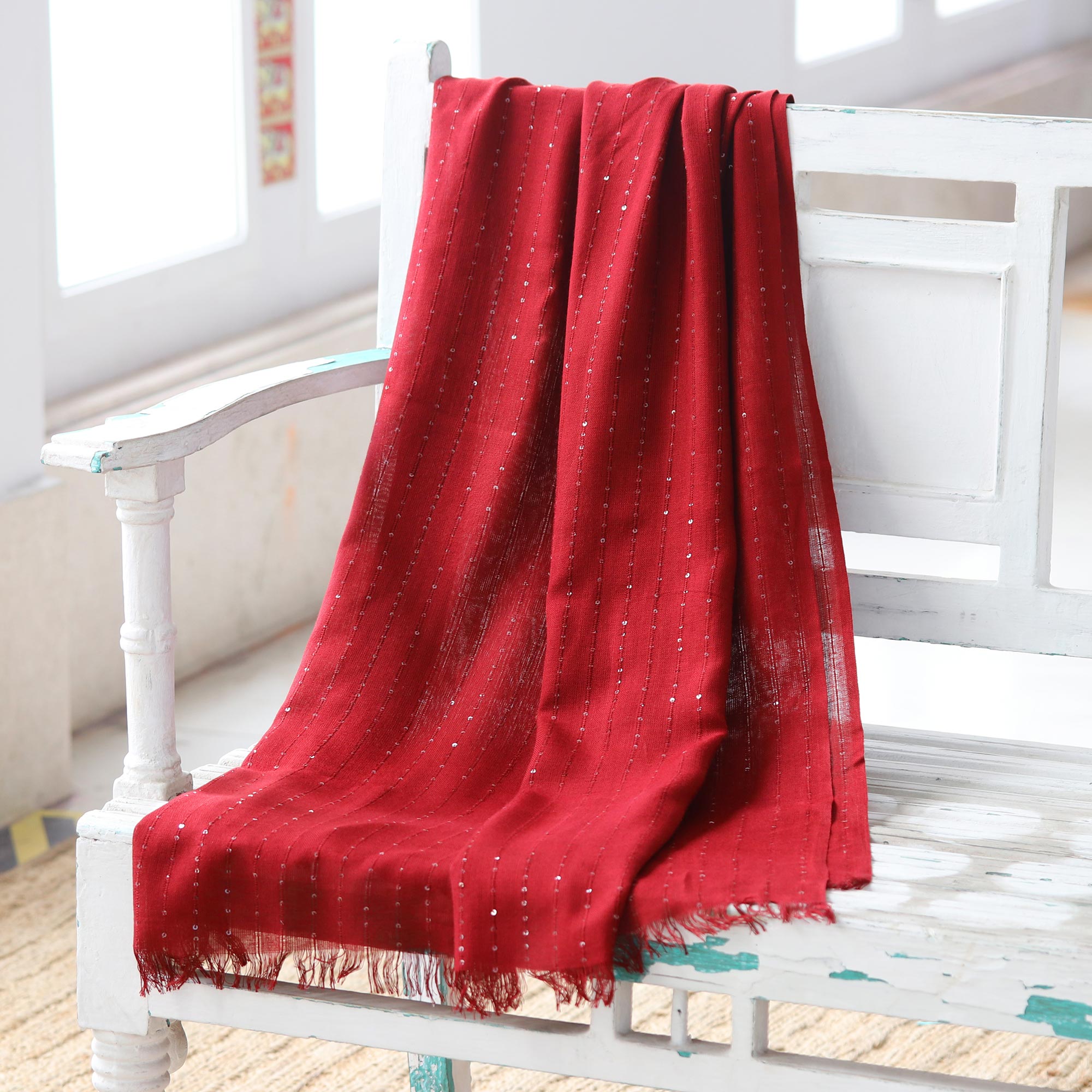 Garnet Glimmer Embellished Viscose Shawl in Cranberry from India