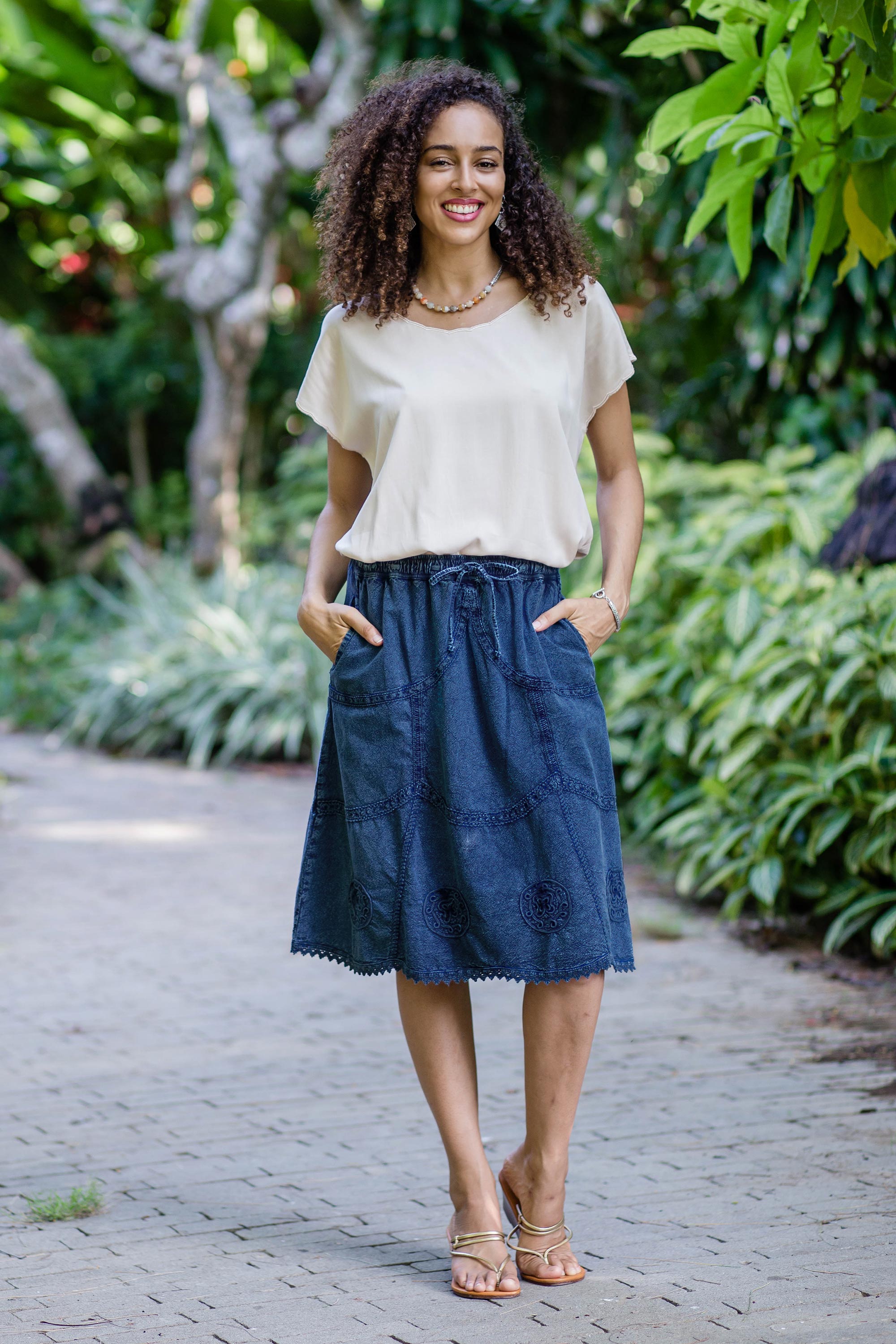 Journey Home Blue Cotton Skirt with Lace Trim