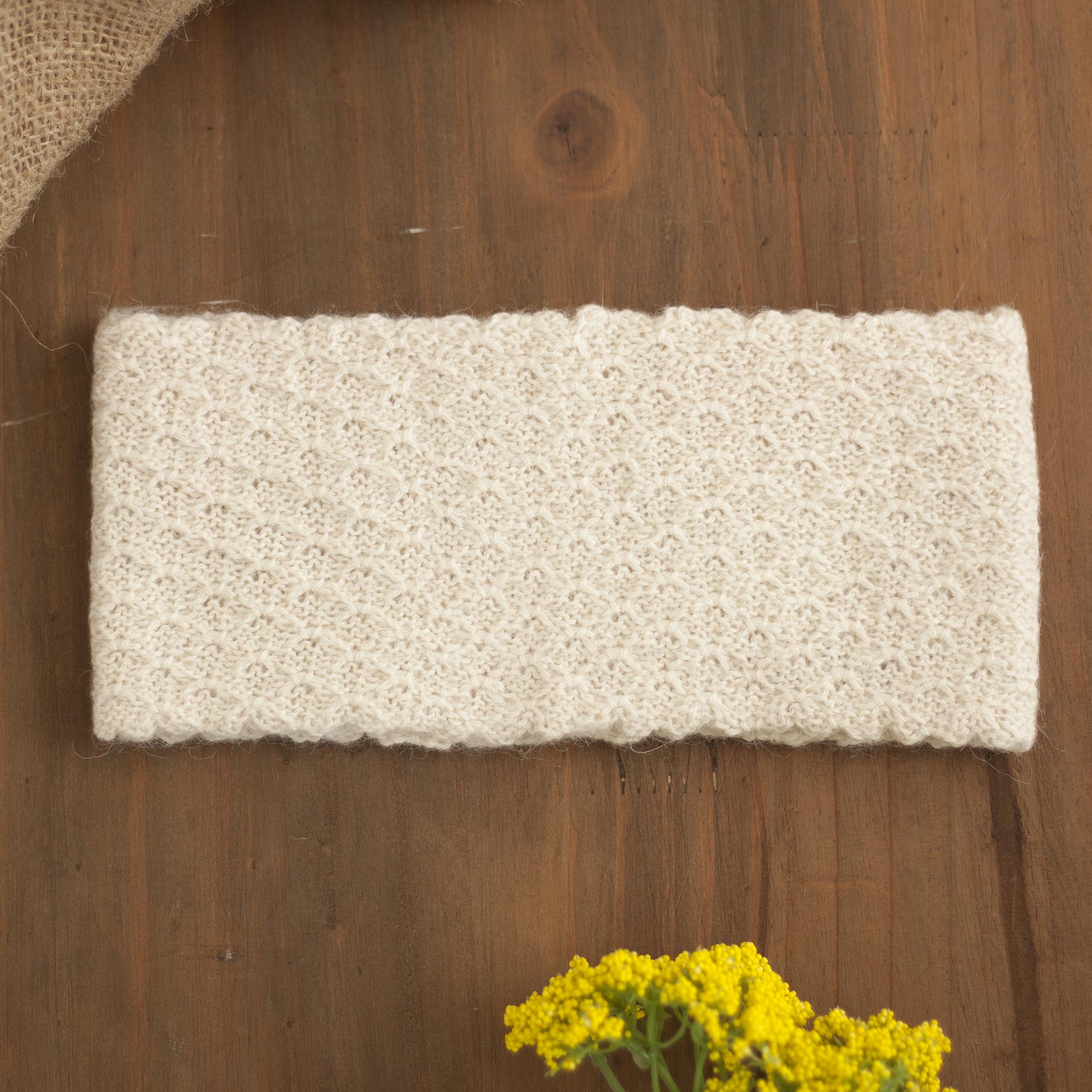 Wavelength in Alabaster Off-White 100% Baby Alpaca Honeycomb Pattern Knit Headband