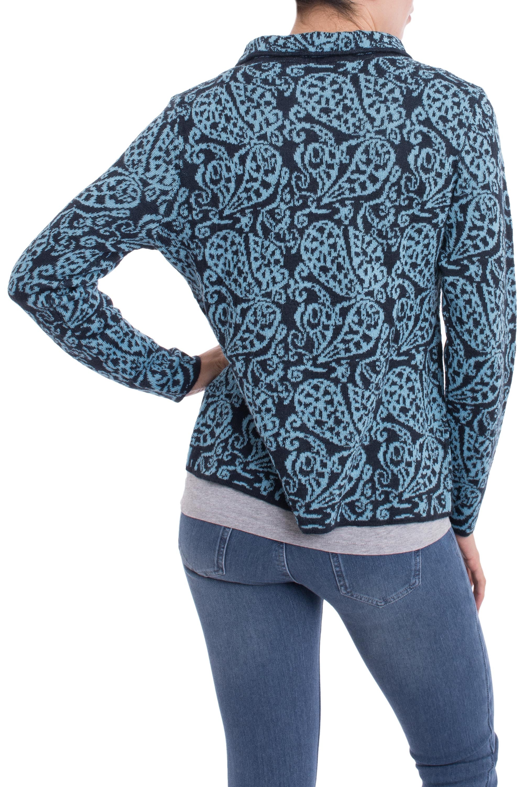 Paisley Elegance in Cerulean Alpaca Blend Cardigan with Cerulean Paisley Motifs from Peru