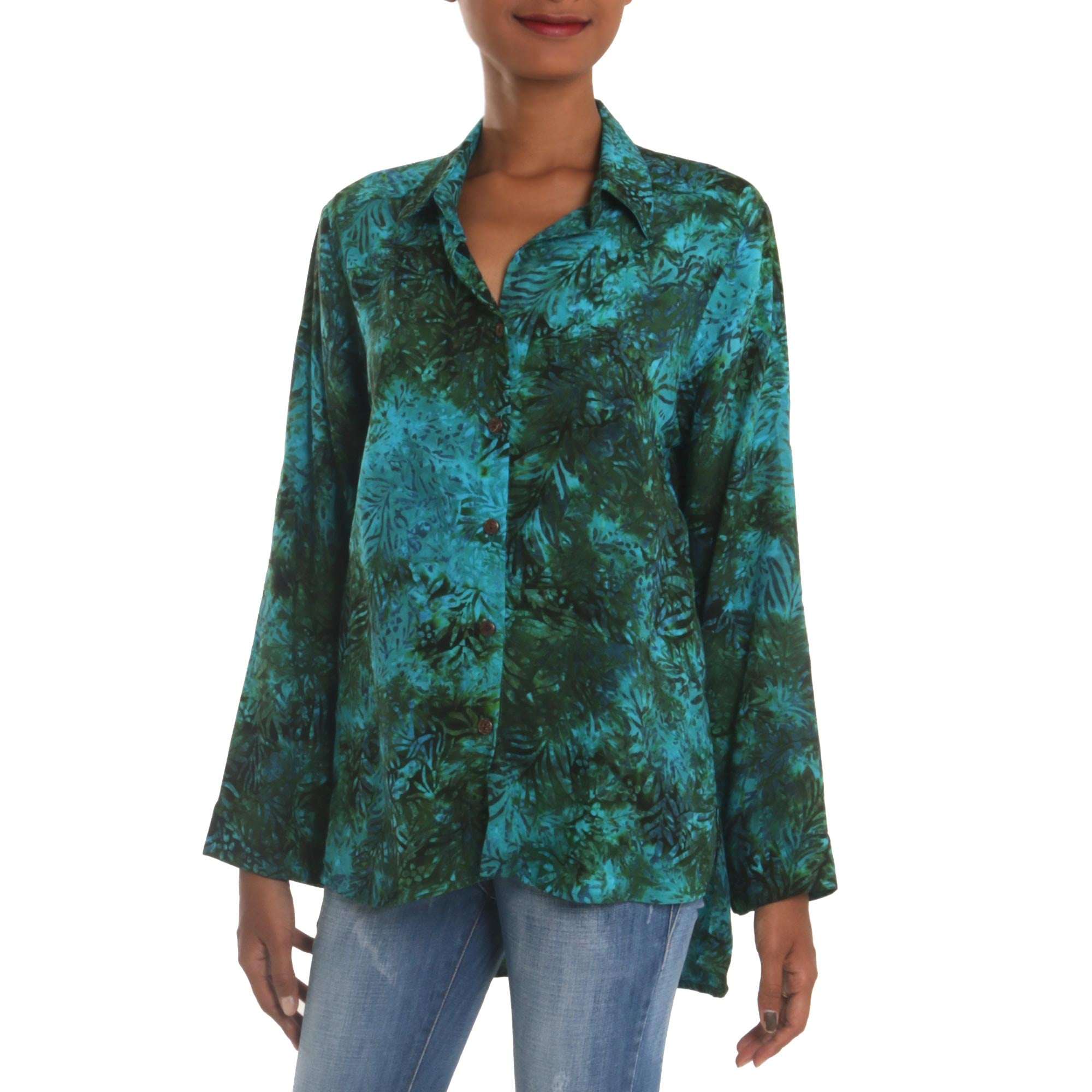 Java Emerald Rayon Batik Long Sleeve Teal Hi-Low Button Shirt