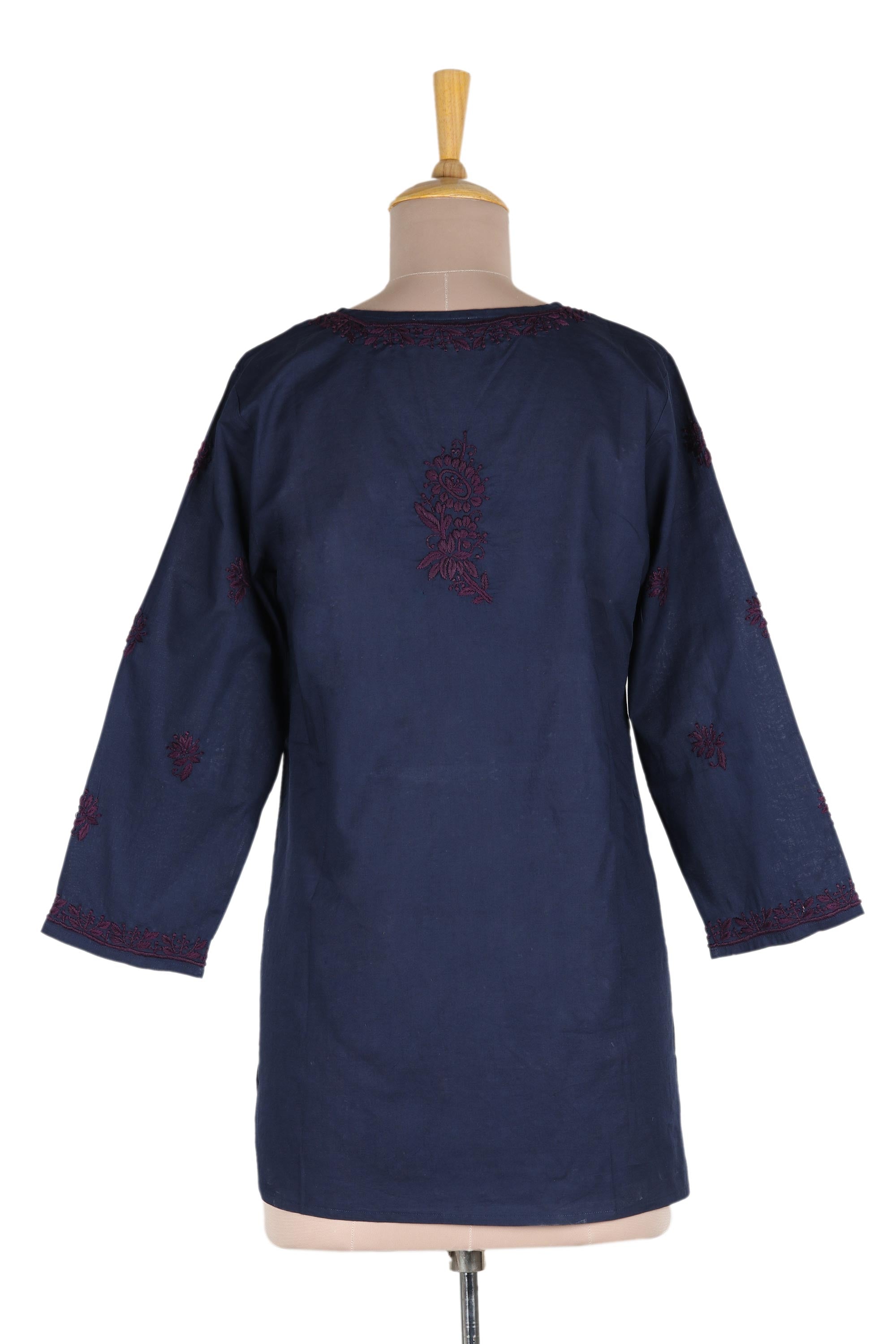 Lucknow Blossoms Hand Embroidered Navy Tunic with Maroon Flowers