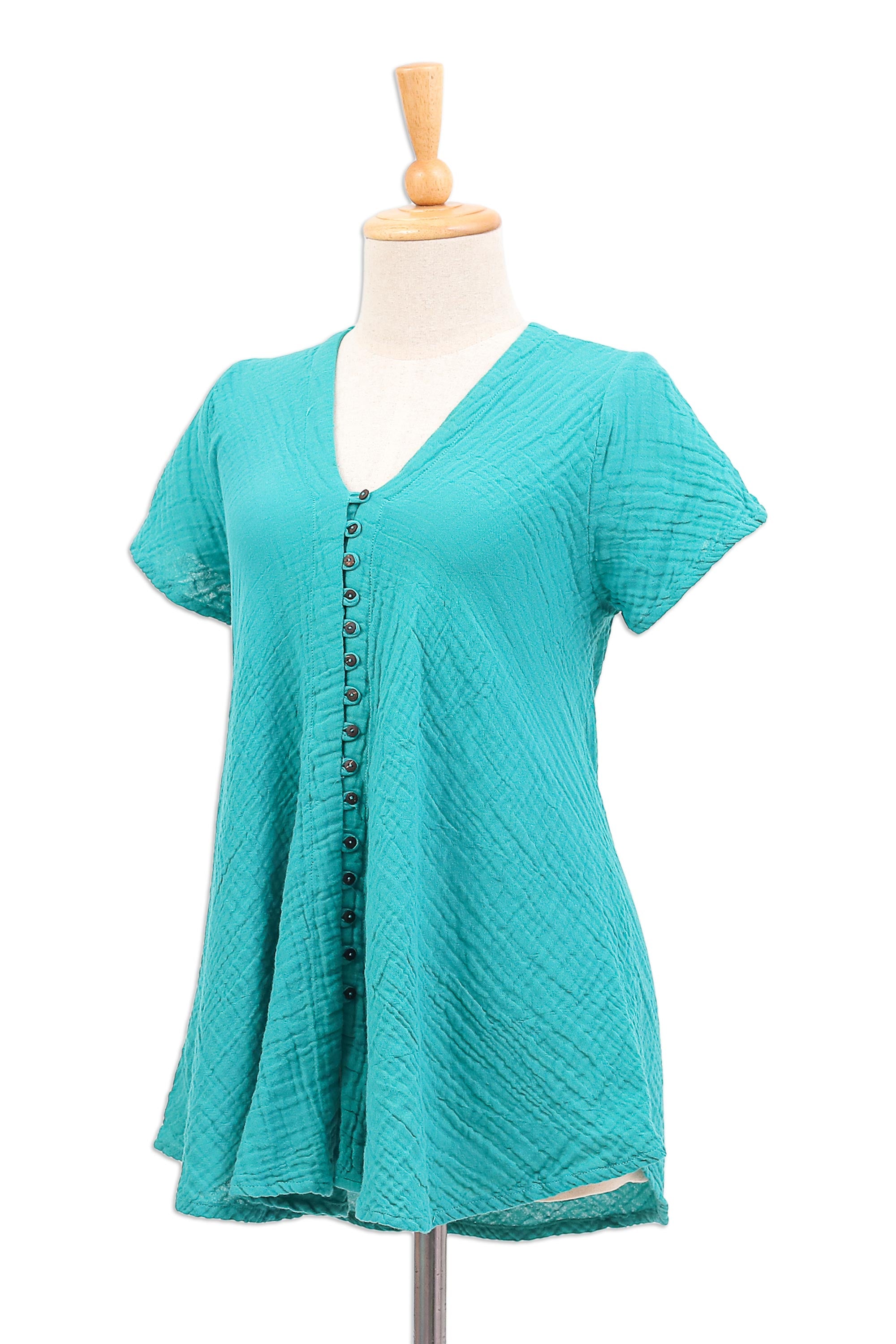 Turquoise Flair Cotton V-Neck Blouse with Coconut Shell Buttons