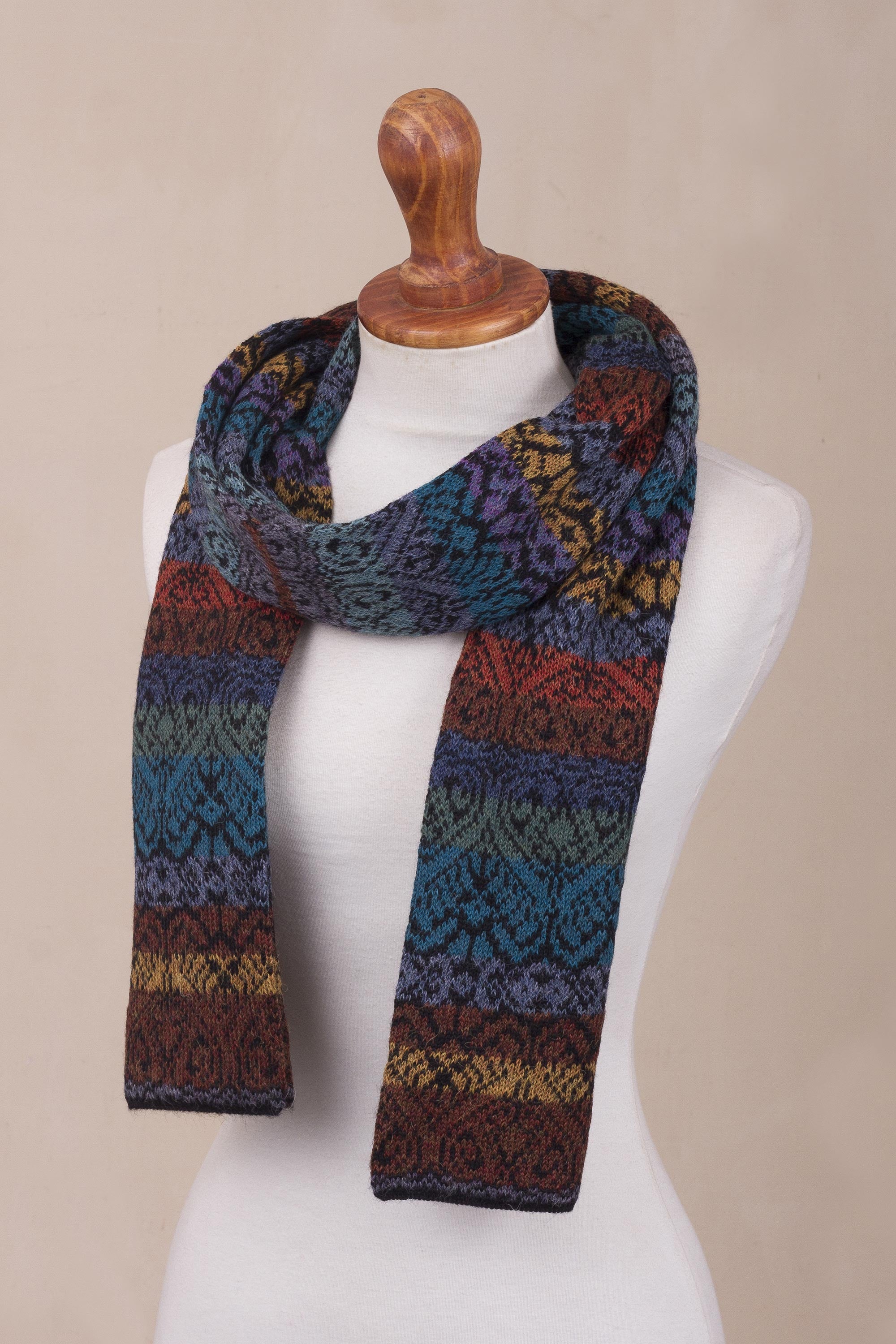 Earth and Sky Muted Multicolor Alpaca Knit Scarf from Peru