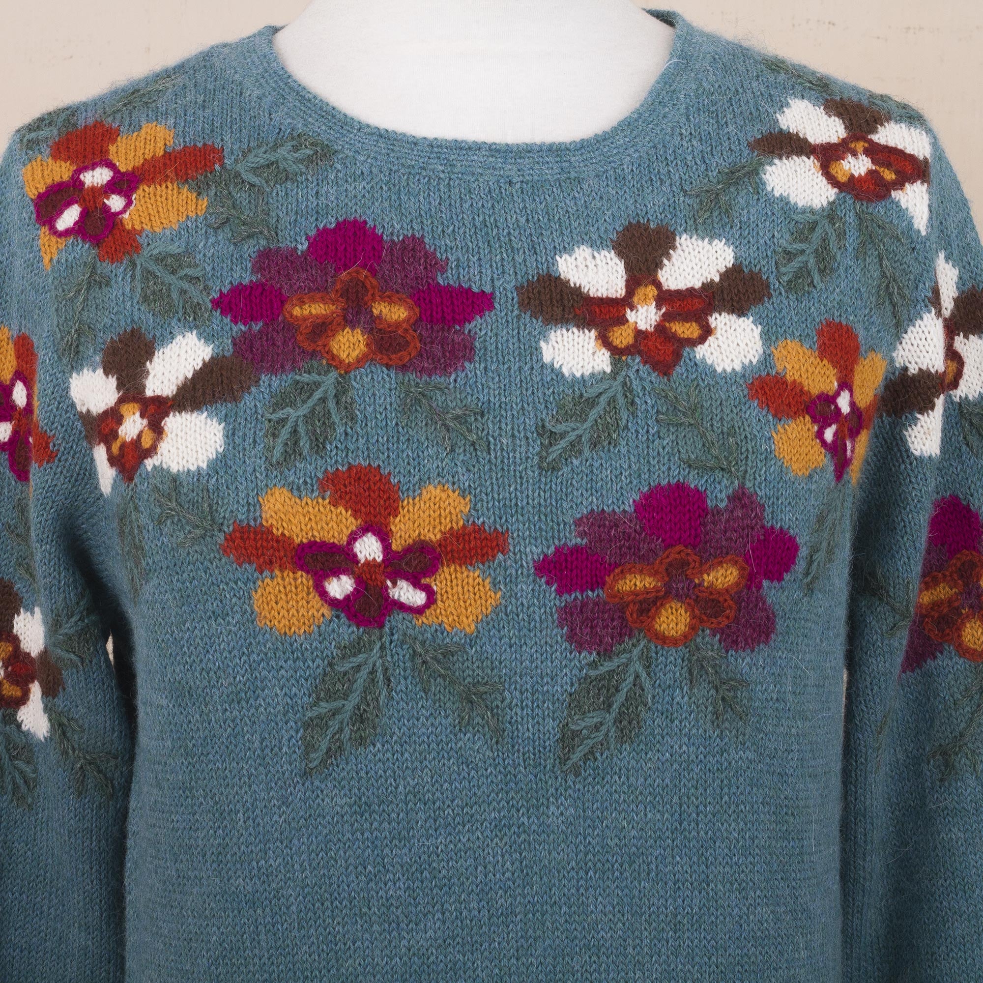 Turquoise Garden Intarsia Knit Turquoise Floral Alpaca Sweater