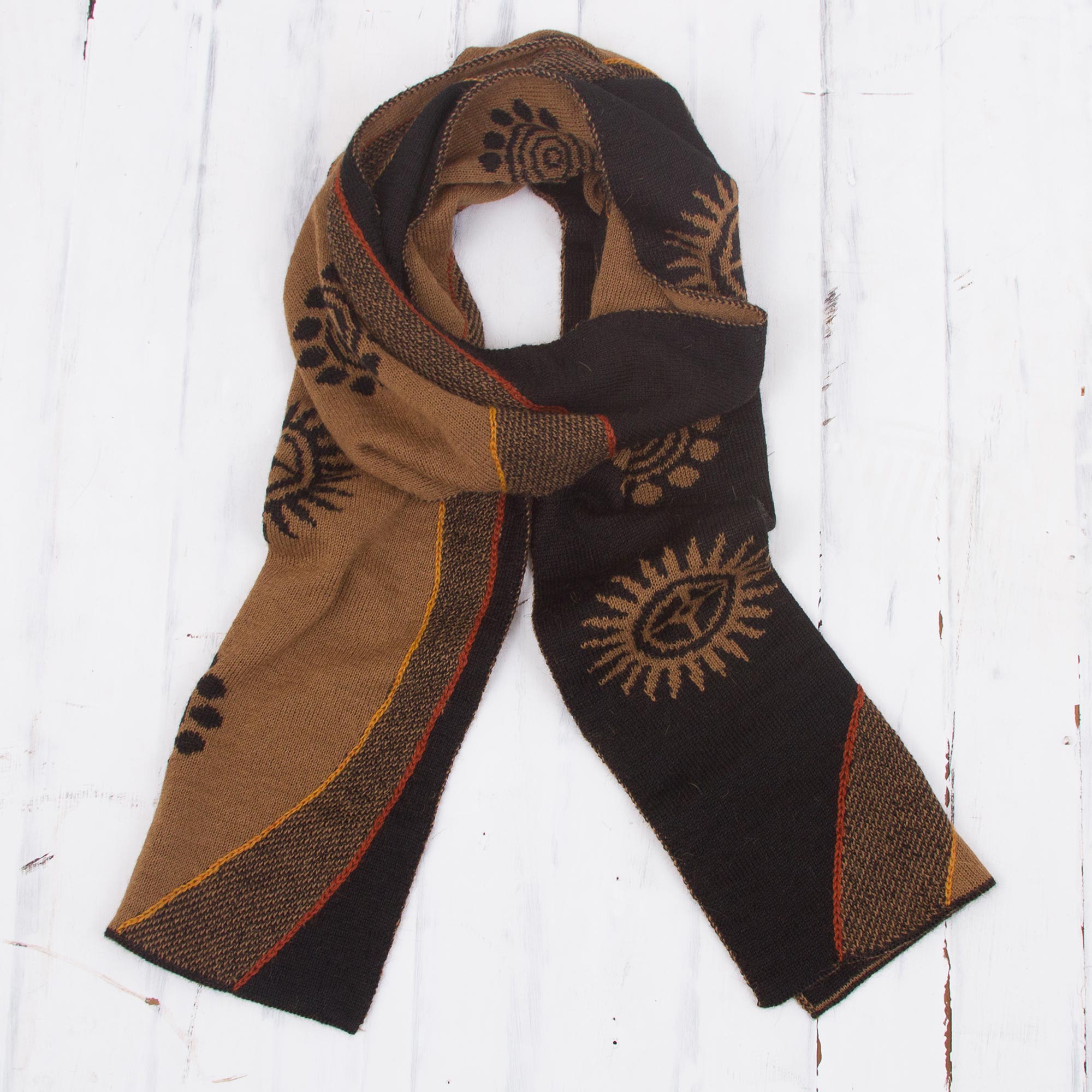 Sepia and Black Cosmovision Reversible Sepia and Black Sun Motif Alpaca Blend Scarf