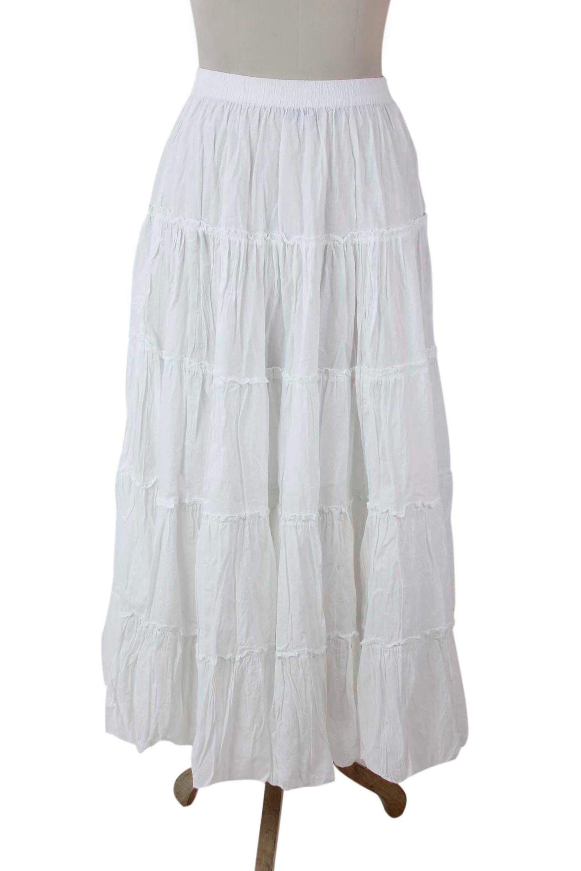 Frilly White Unlined Semi-Sheer Tiered White Cotton Skirt