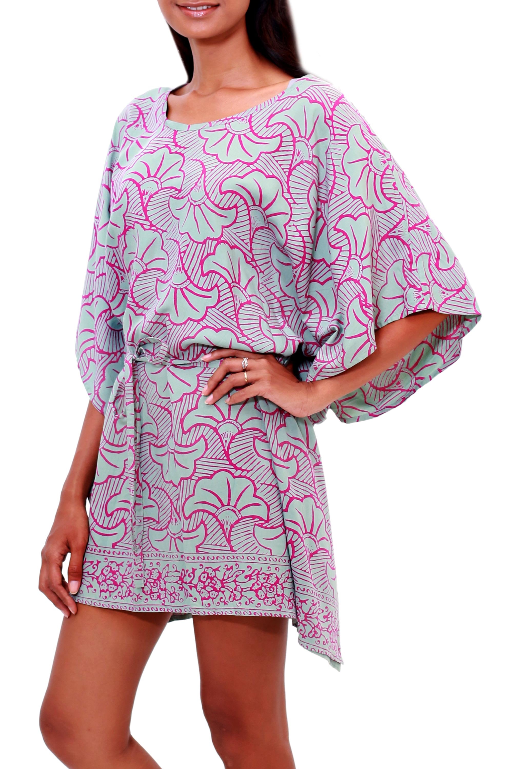 Gingko Leaf Batik Rayon Caftan in Mint and Magenta from Bali