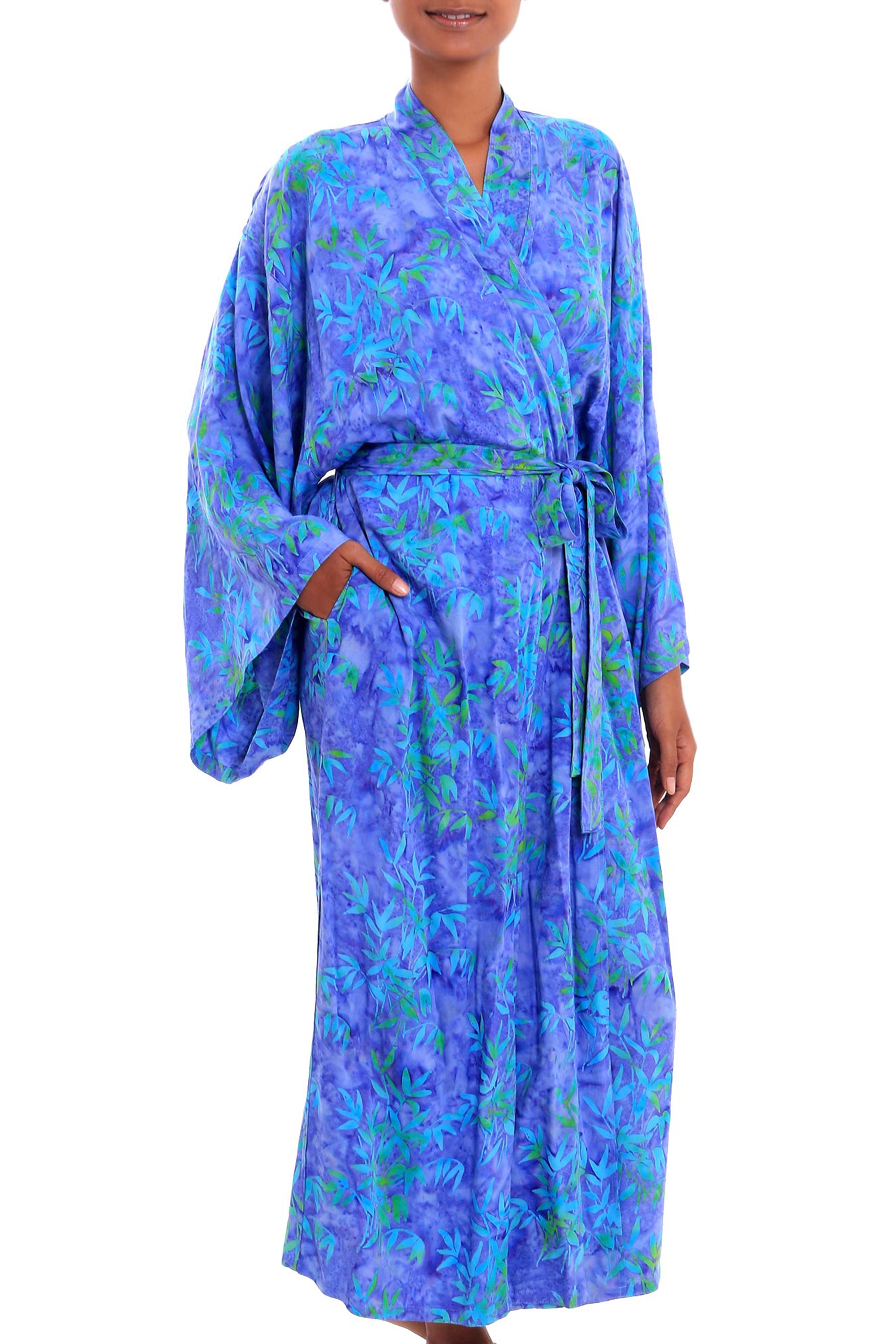 Mystery Grove Blue and Green Batik Leaf Long Sleeved Rayon Robe with Belt