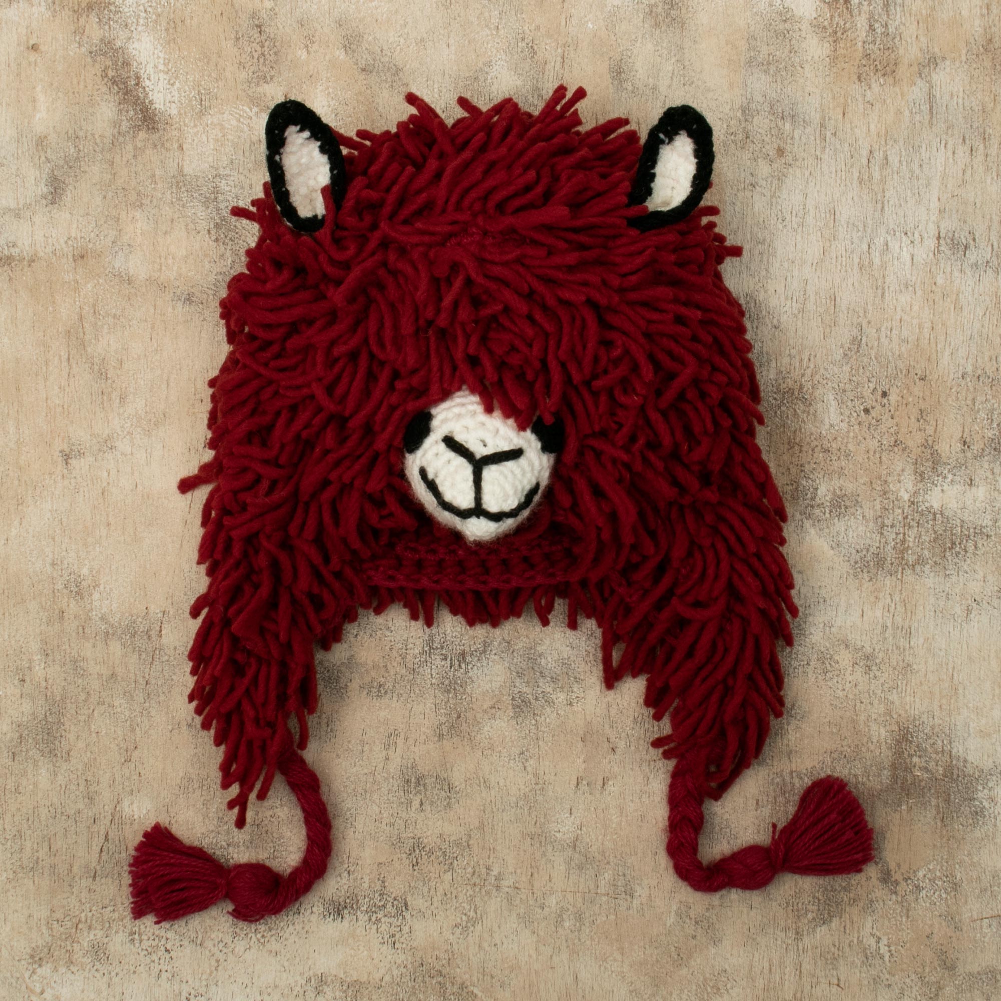 Smiling Llama Furry Red Llama Beanie Hat from Peru