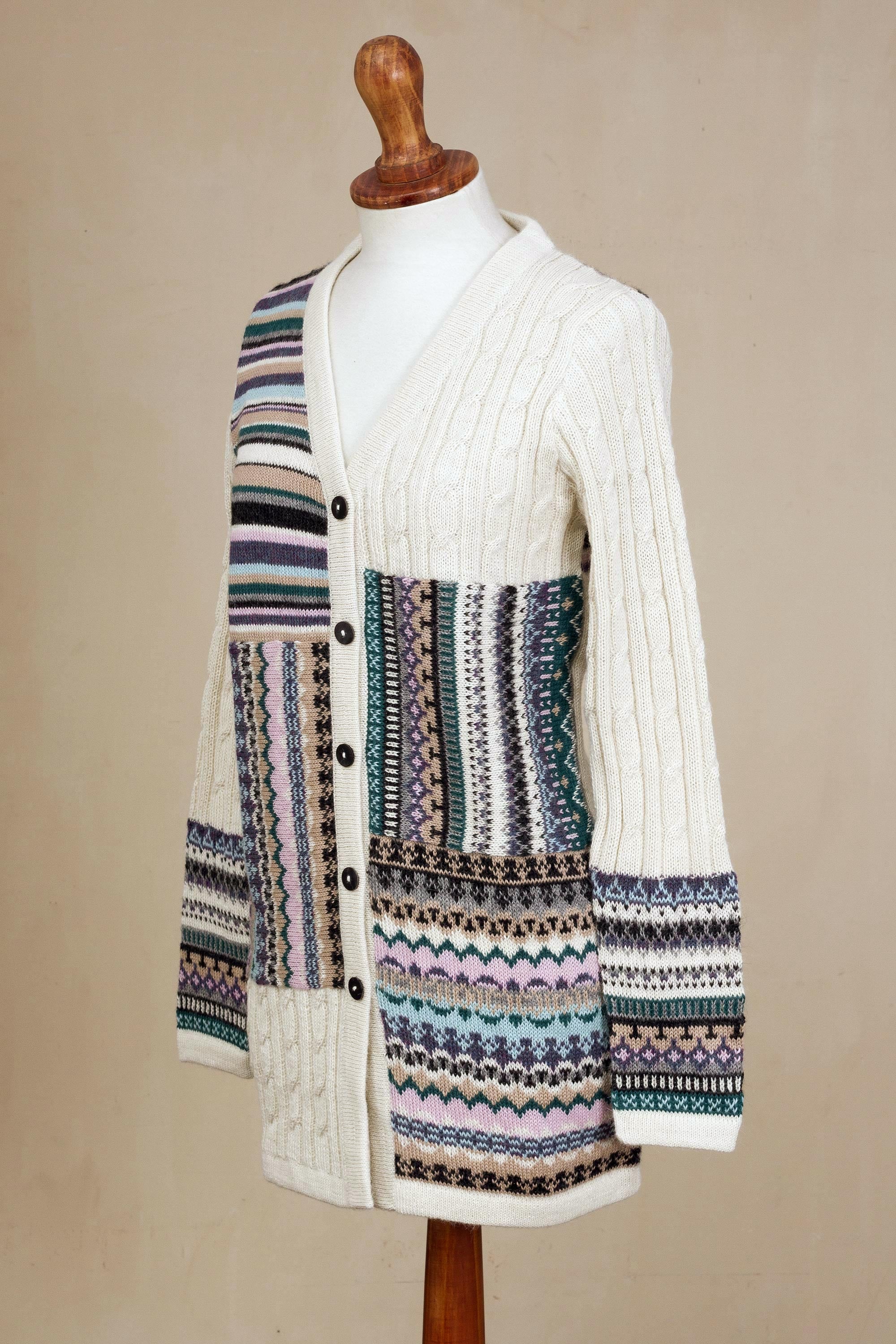 Patchwork Ivory and Multi-Color Patchwork 100% Alpaca Knit Cardigan