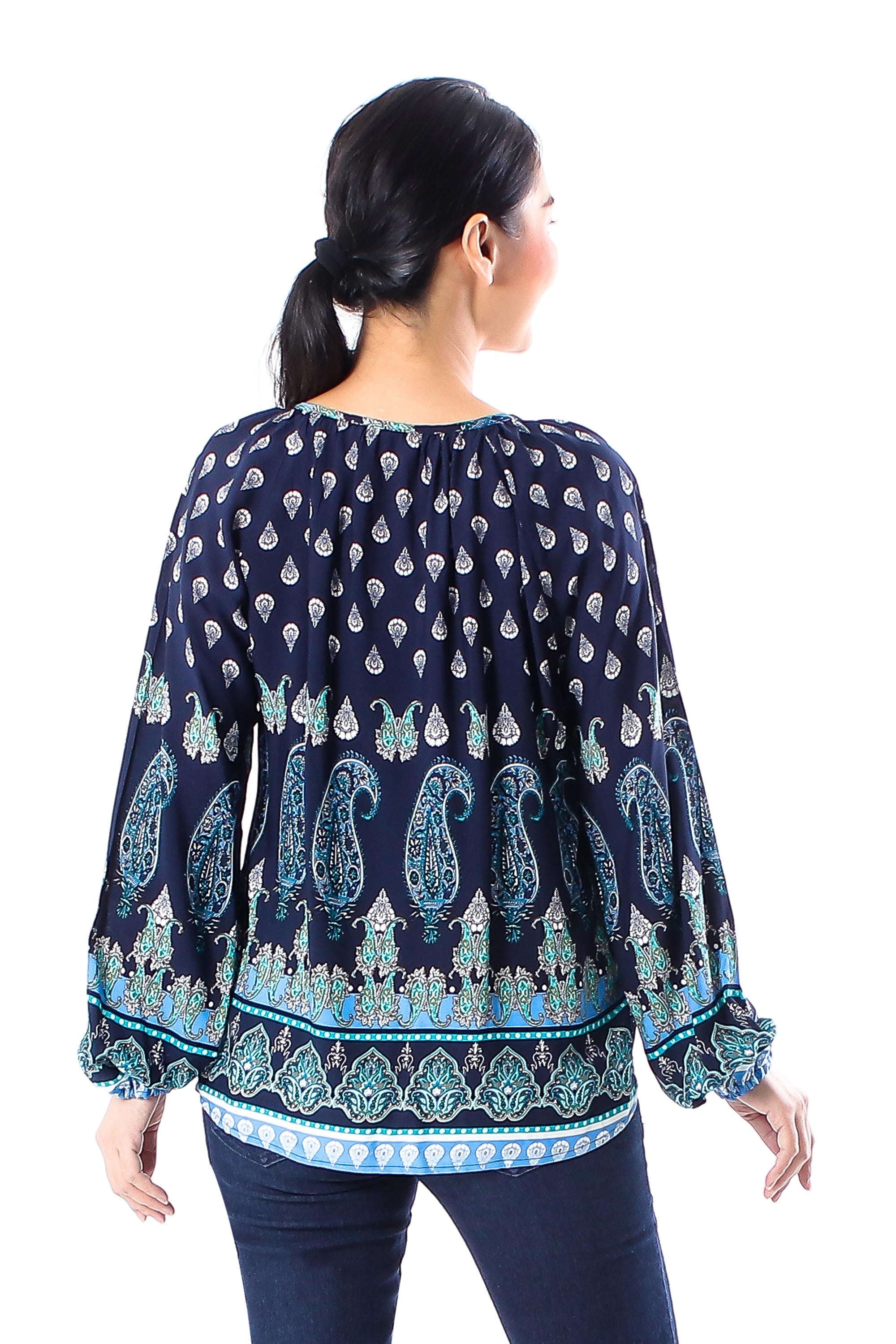 Tender Paisleys Indigo Paisley Motif Rayon Blouse Crafted in Thailand