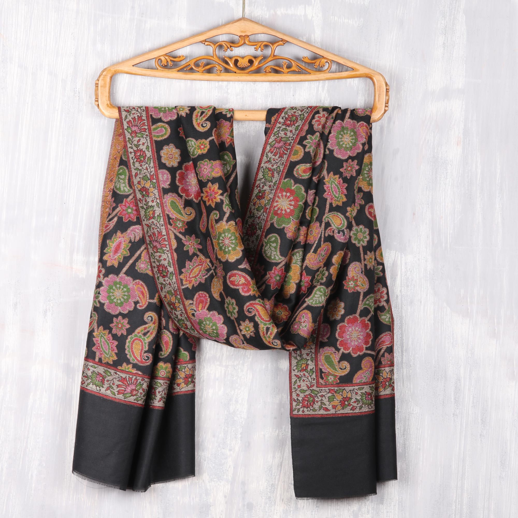 Midnight Garden Floral Wool Shawl in Black from India