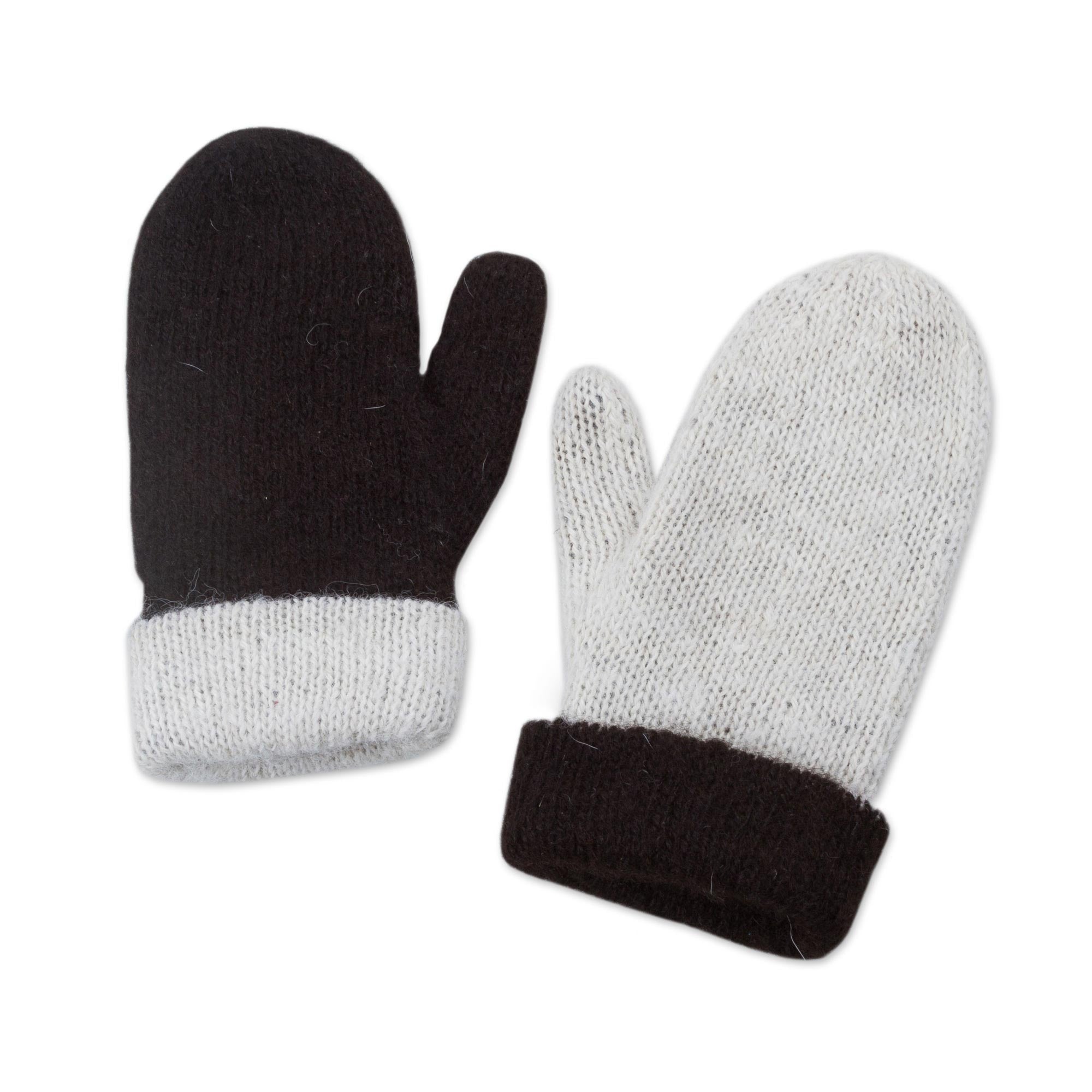 Striking Contrast Peruvian Reversible 100% Alpaca Black and Eggshell Mittens