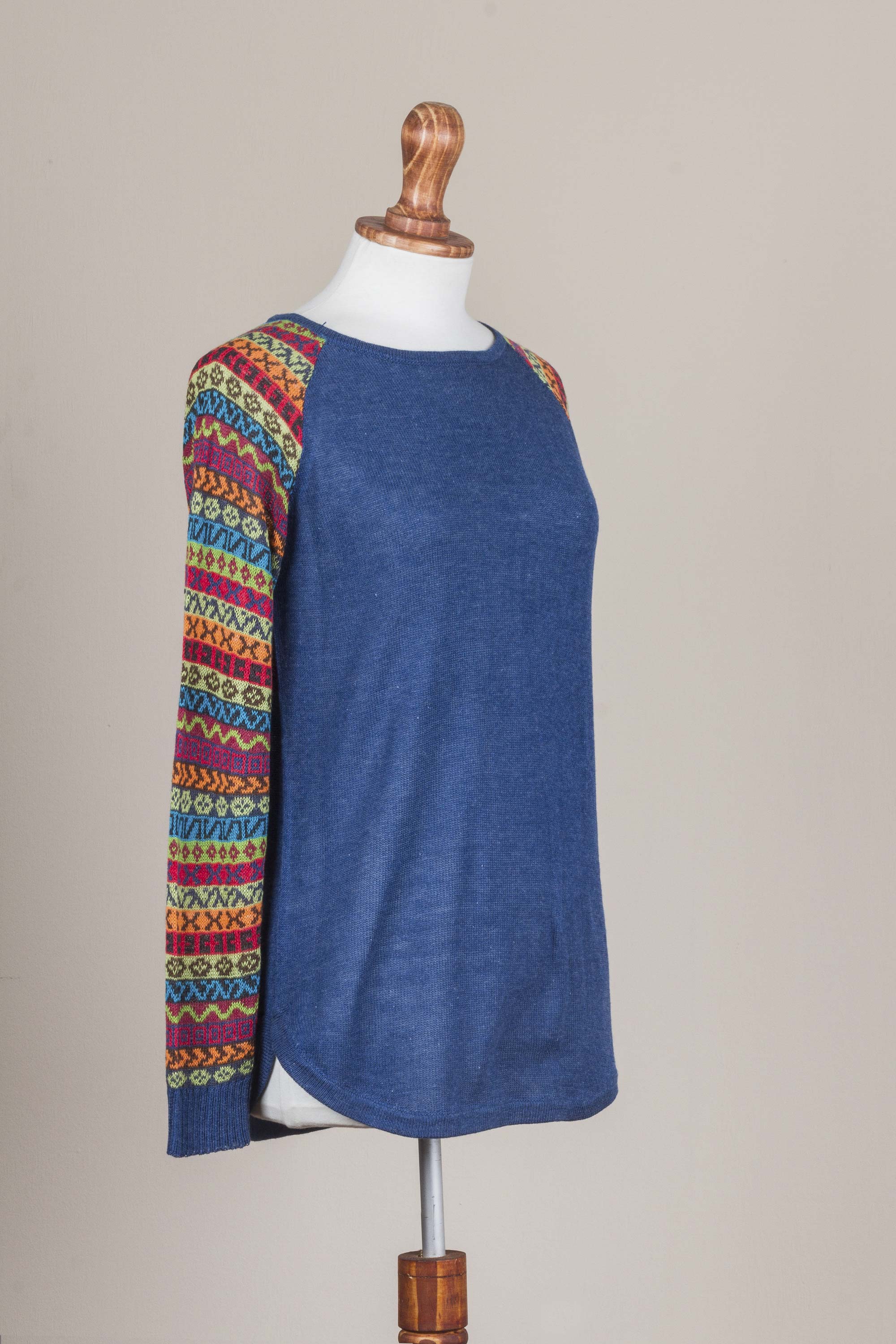 Cusco Market in Blue Blue Tunic Sweater with Multi Color Patterned Sleeves