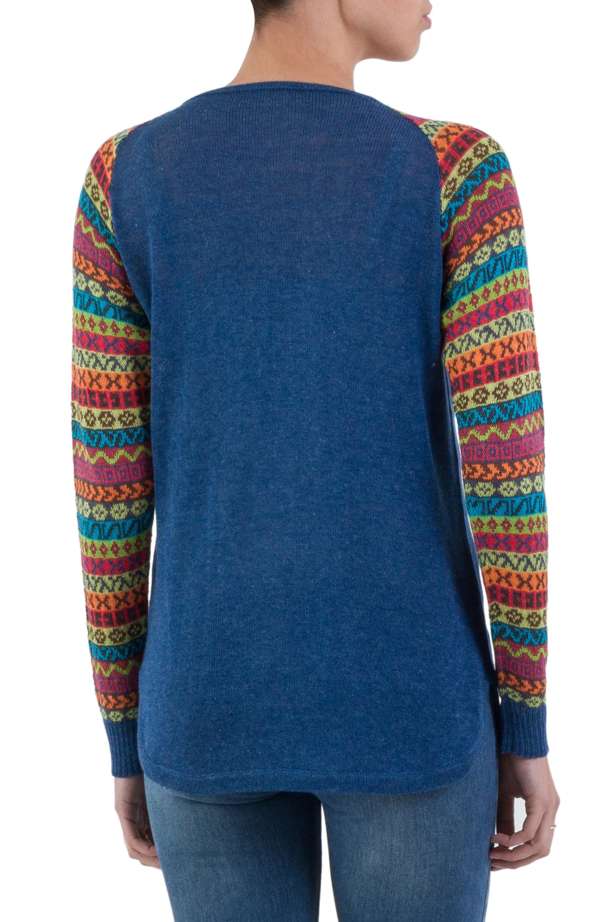 Cusco Market in Blue Blue Tunic Sweater with Multi Color Patterned Sleeves