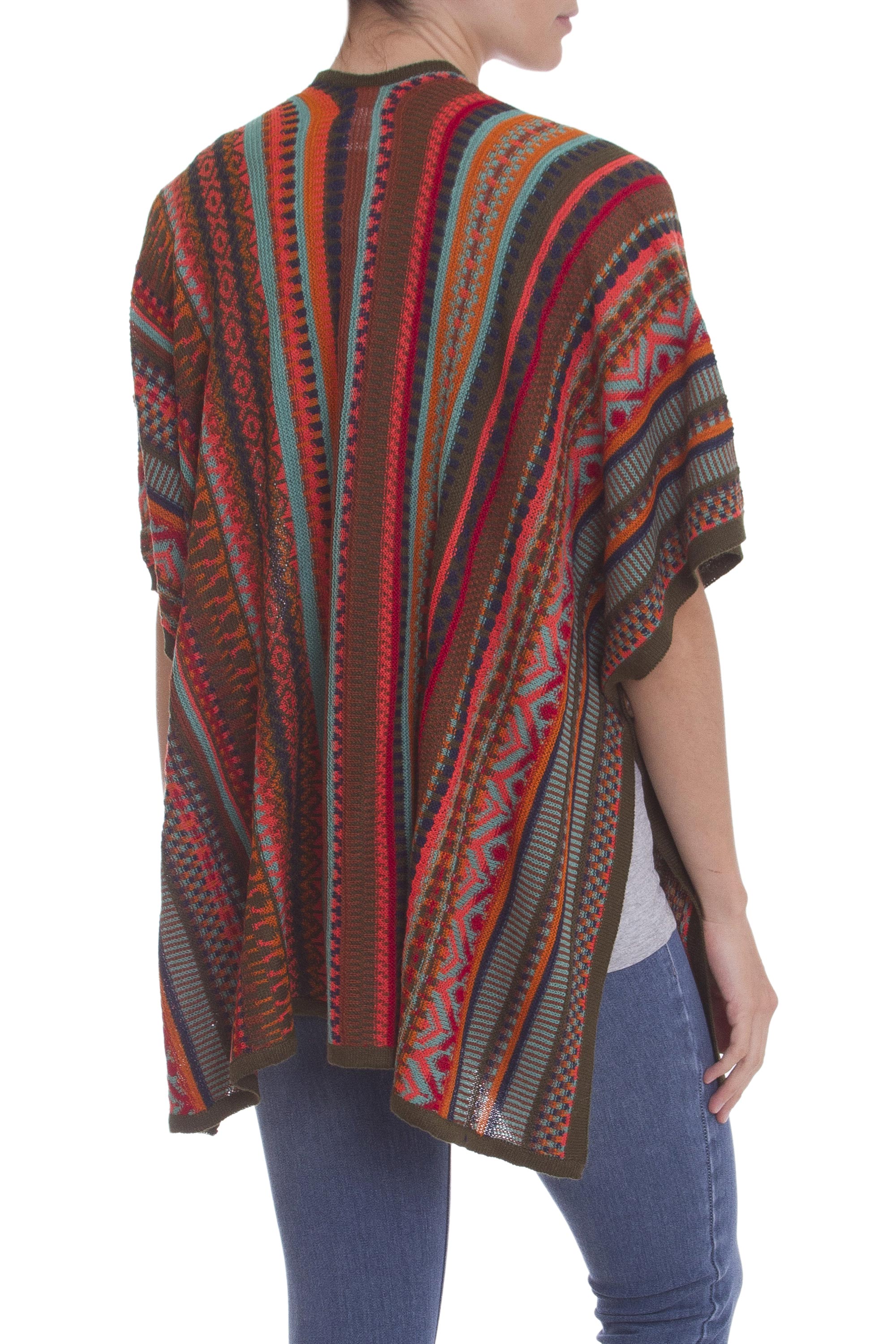 Desert Strata Red and Multi-Color Striped Acrylic Knit Ruana