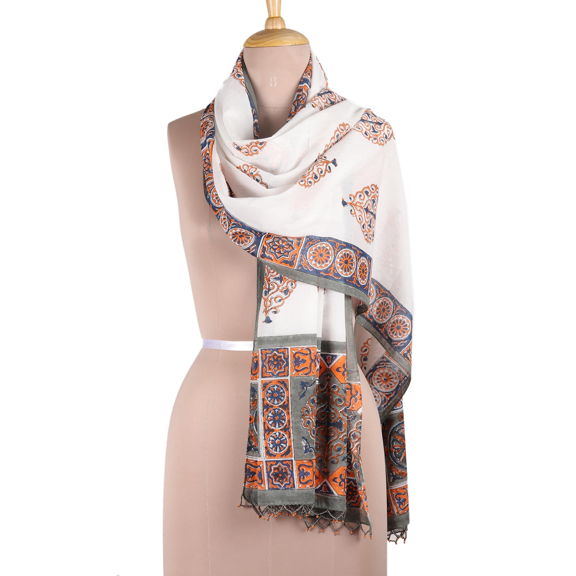 Mughal Glory Block-Printed Cotton Shawl from India