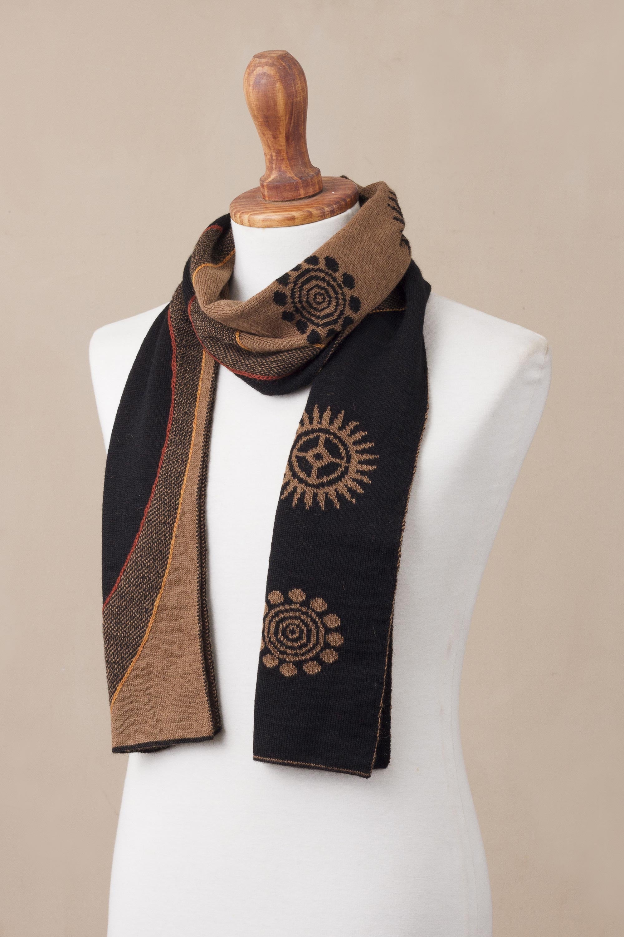 Sepia and Black Cosmovision Reversible Sepia and Black Sun Motif Alpaca Blend Scarf