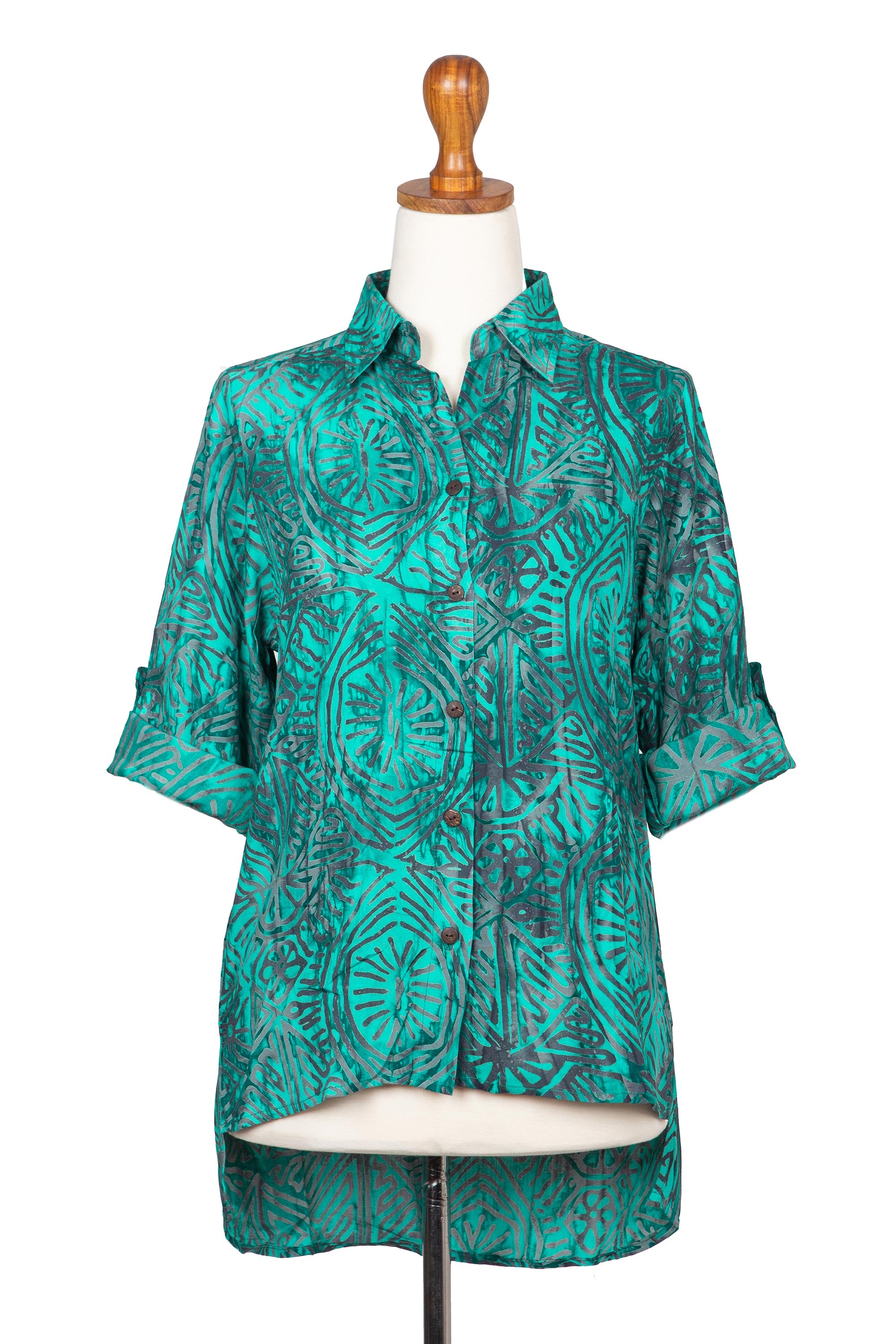 Green Glyphs Rayon Batik Long Sleeve Green-Blue Hi-Low Button Blouse