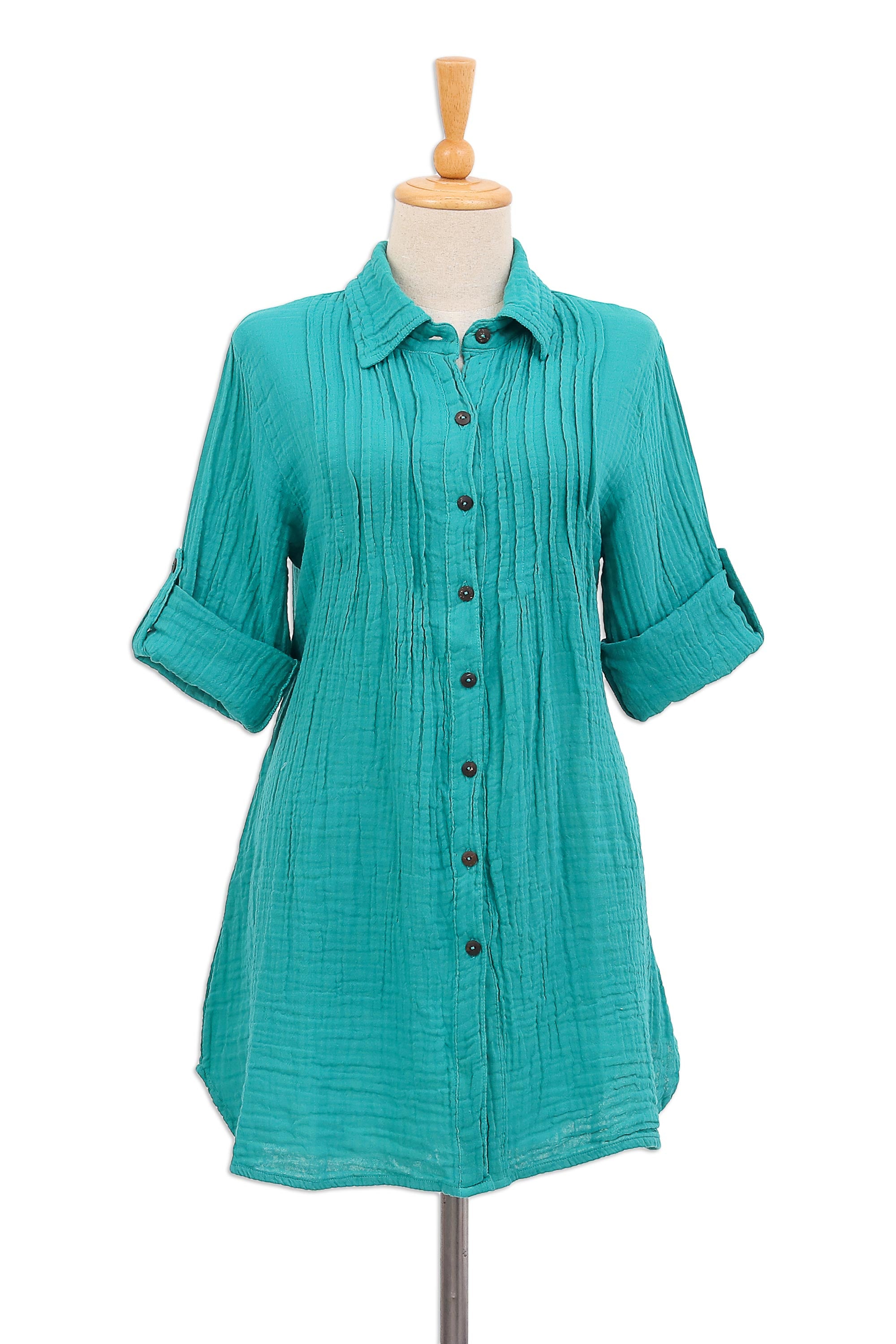 Turquoise Pintucks Button-Up Cotton Gauze Shirt from Thailand