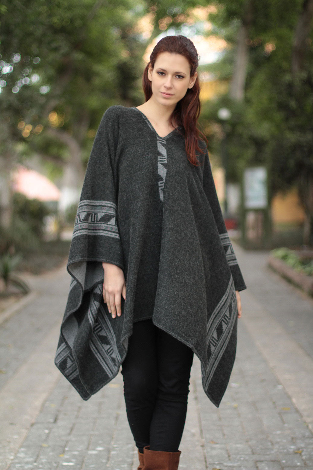 Gray & Black Glyphs Alpaca Blend Reversible Poncho