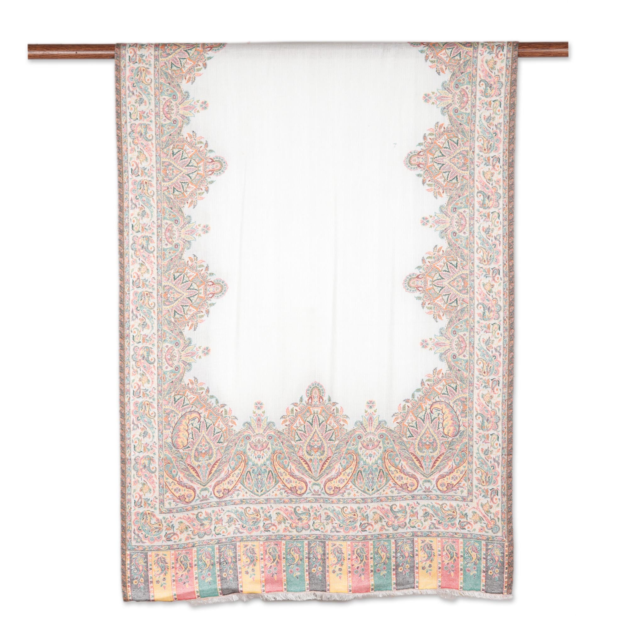 Mughal Fresco Modal Woven Shawl White with Multicolored Motifs