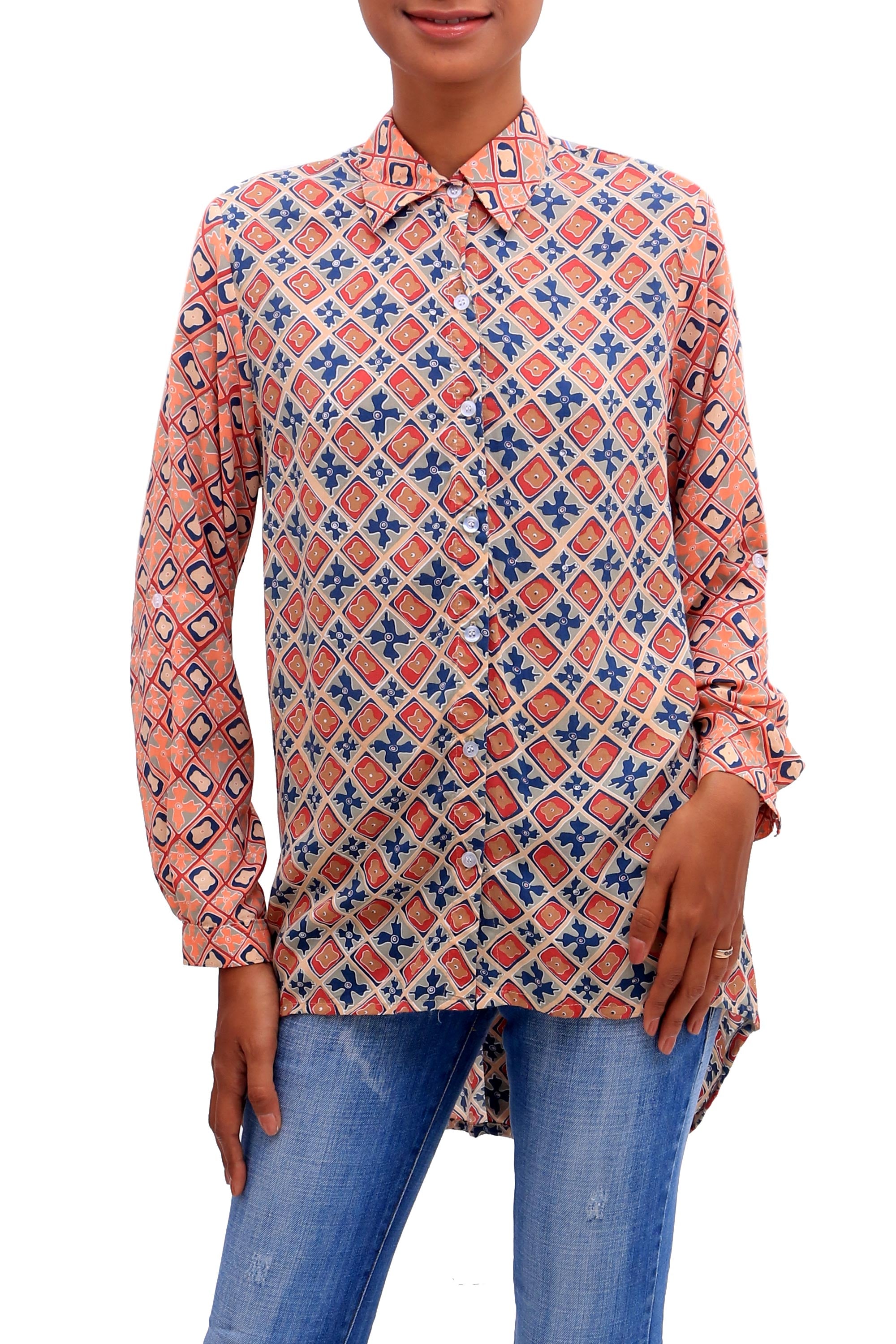 Kelud Crisscross Chili and Azure Printed Rayon Tunic from Bali