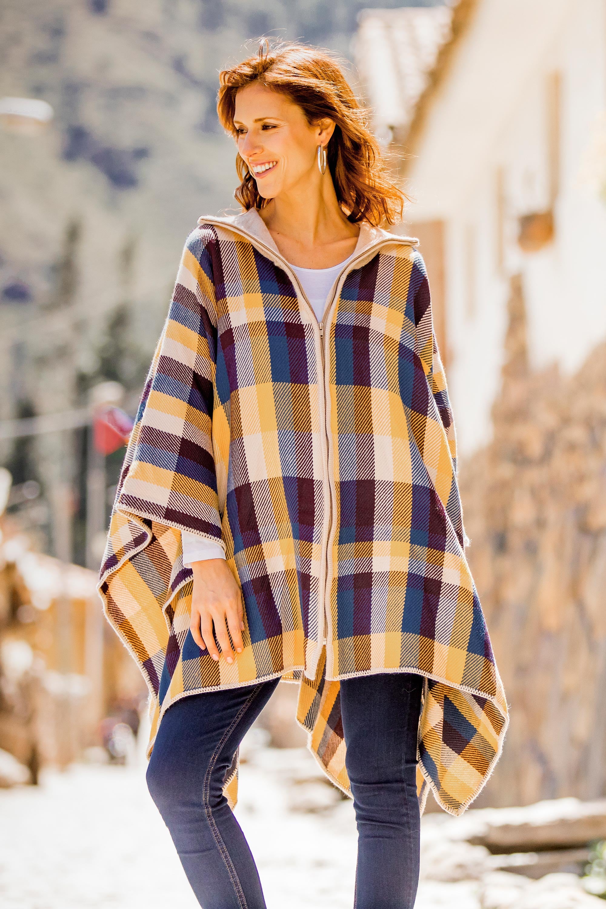 Cuzco Morning Check Pattern Alpaca Blend Poncho Sweater from Peru