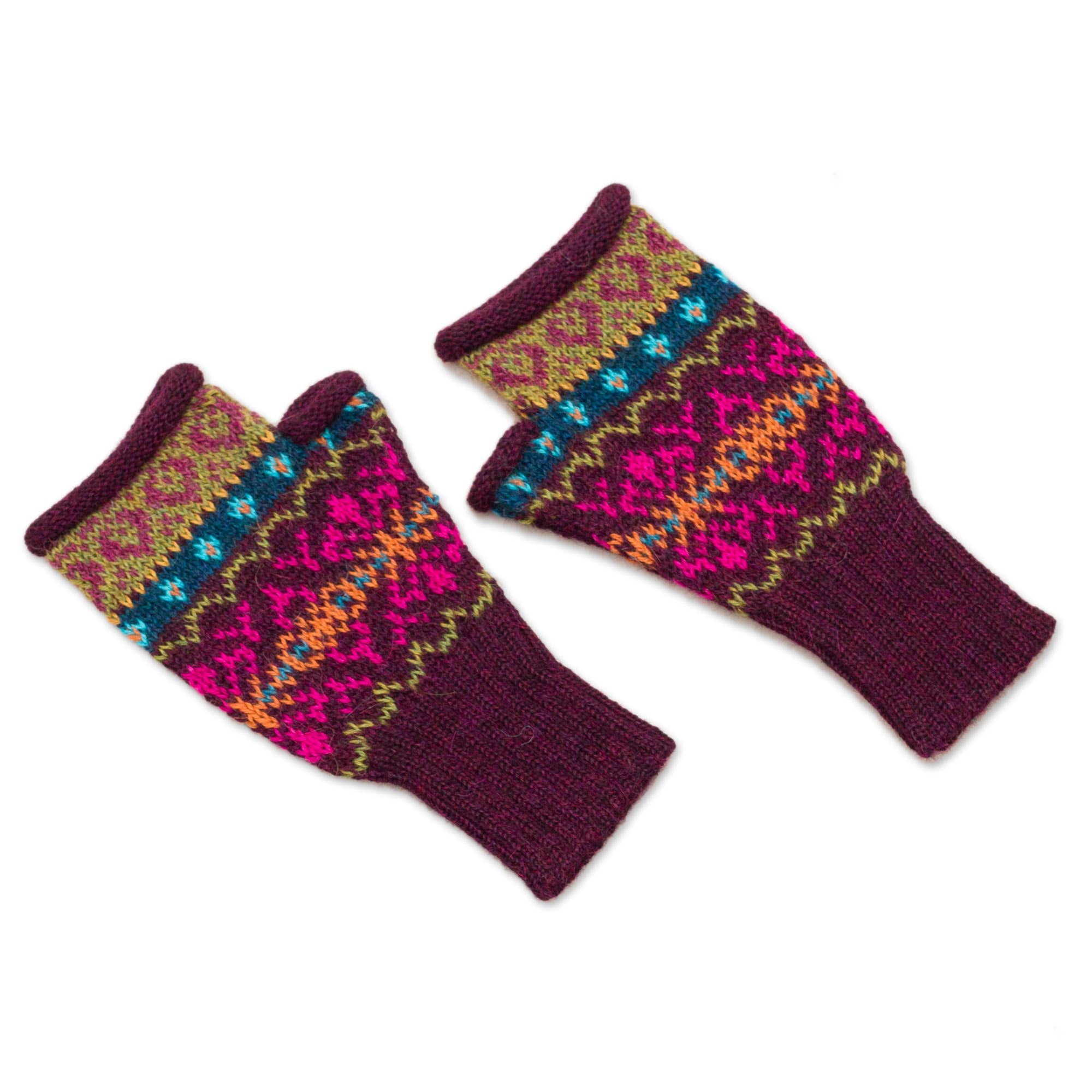 Colorful Carousel Multi-Color Multi-Motif 100% Alpaca Knit Fingerless Mitts