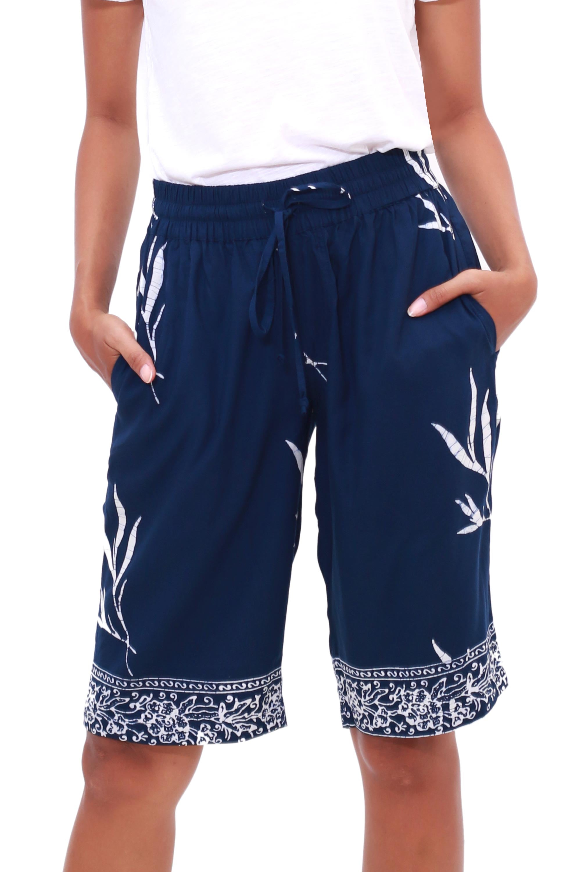 Midnight Fall Batik Rayon Shorts in Midnight and White from Bali