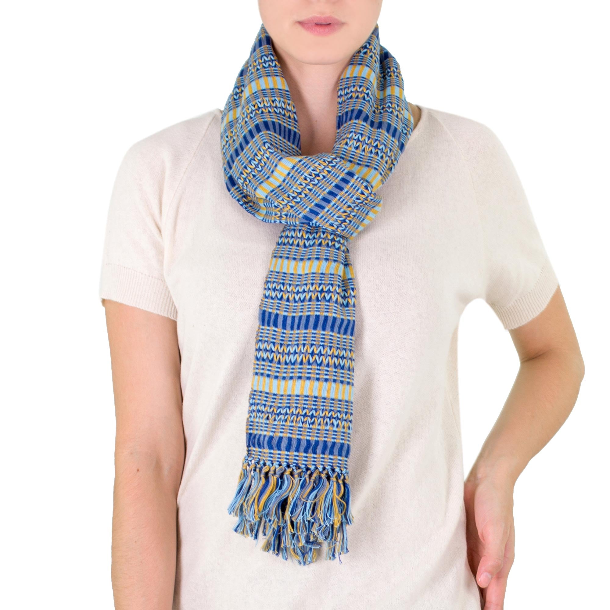 Atitlan Sunshine Backstrap Loom Organic Dye Blue and Yellow Cotton Scarf