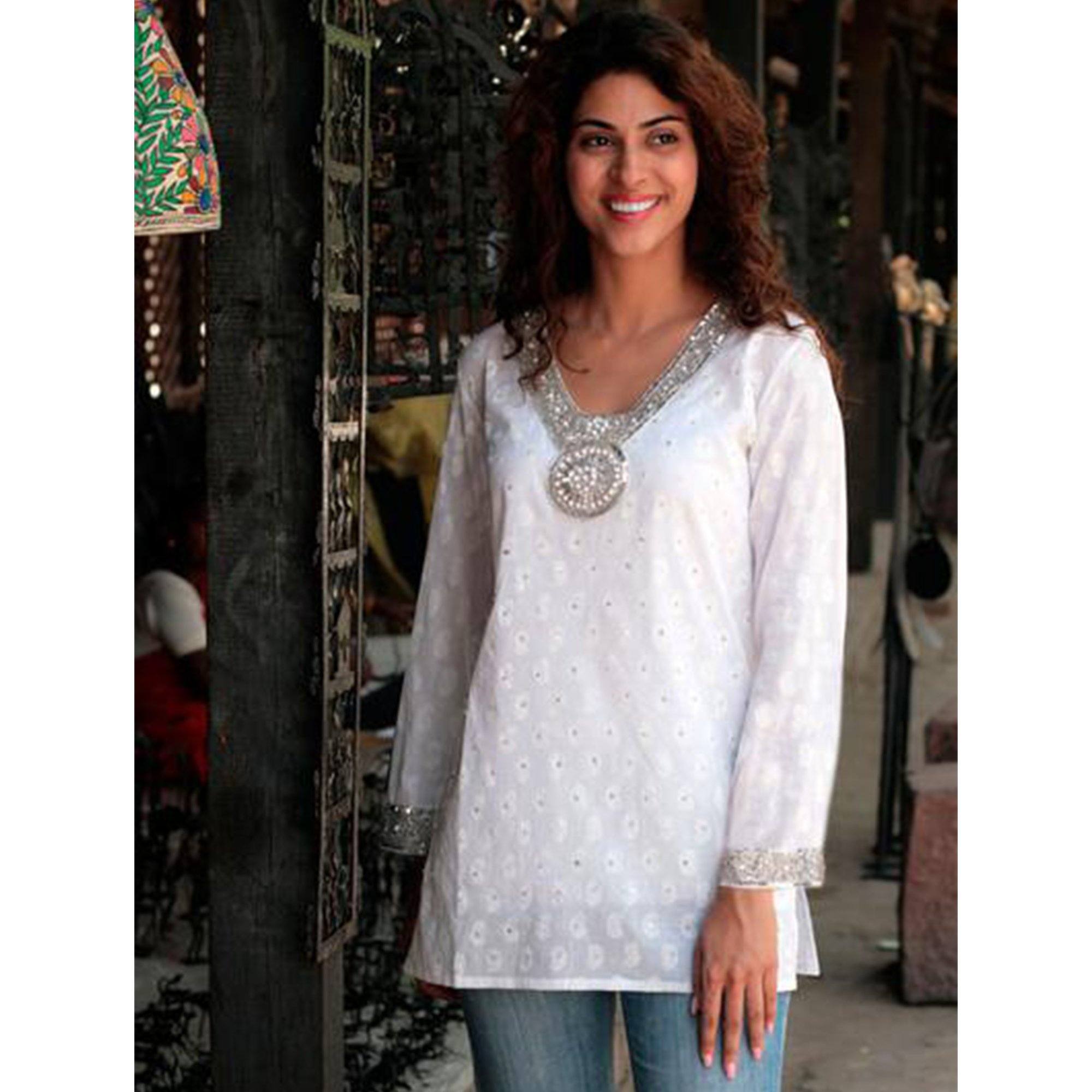 Dazzling White Cotton Beaded Blouse