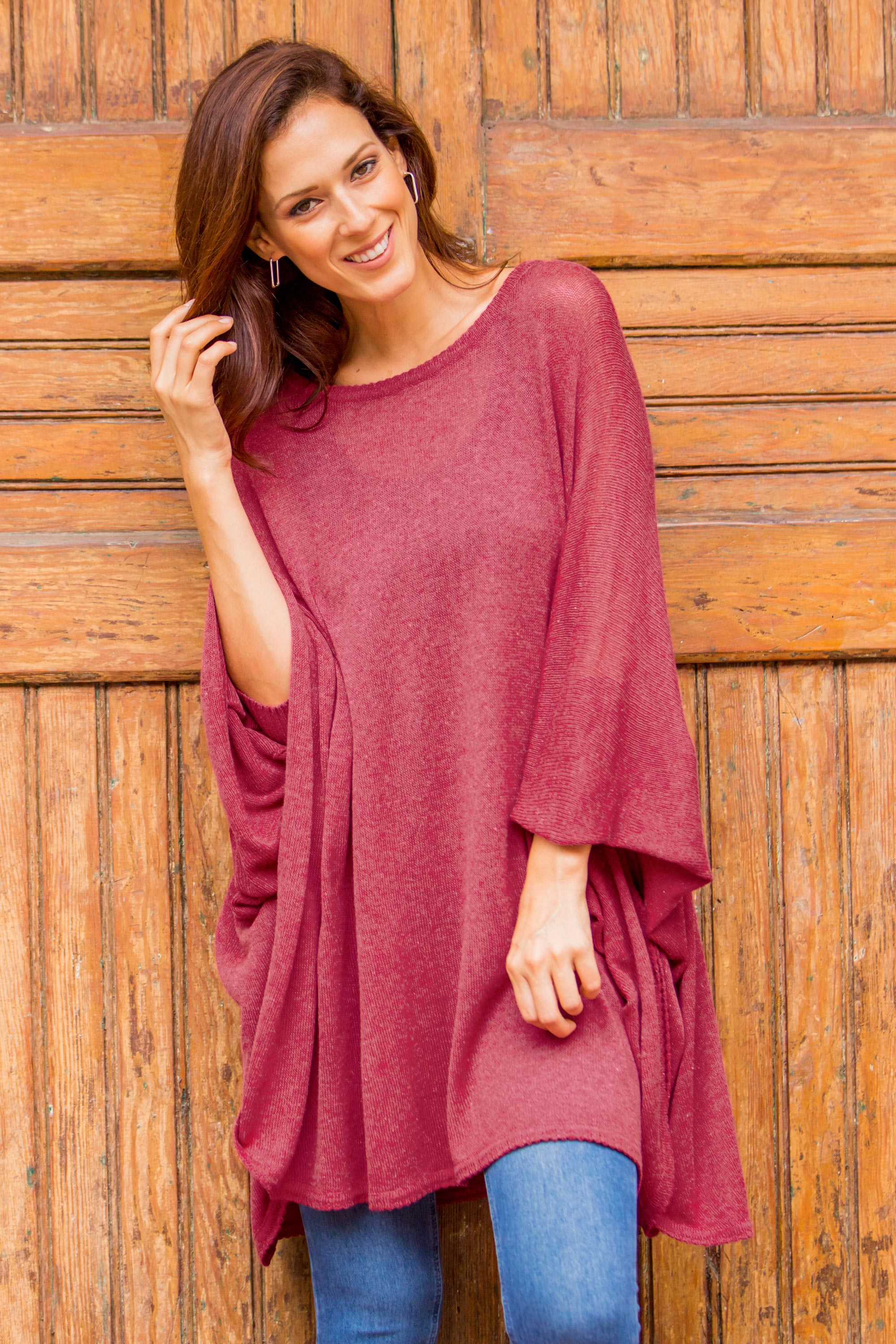 Bright Wind Soft Knit Bohemian Style Wine Drape Sweater from Peru