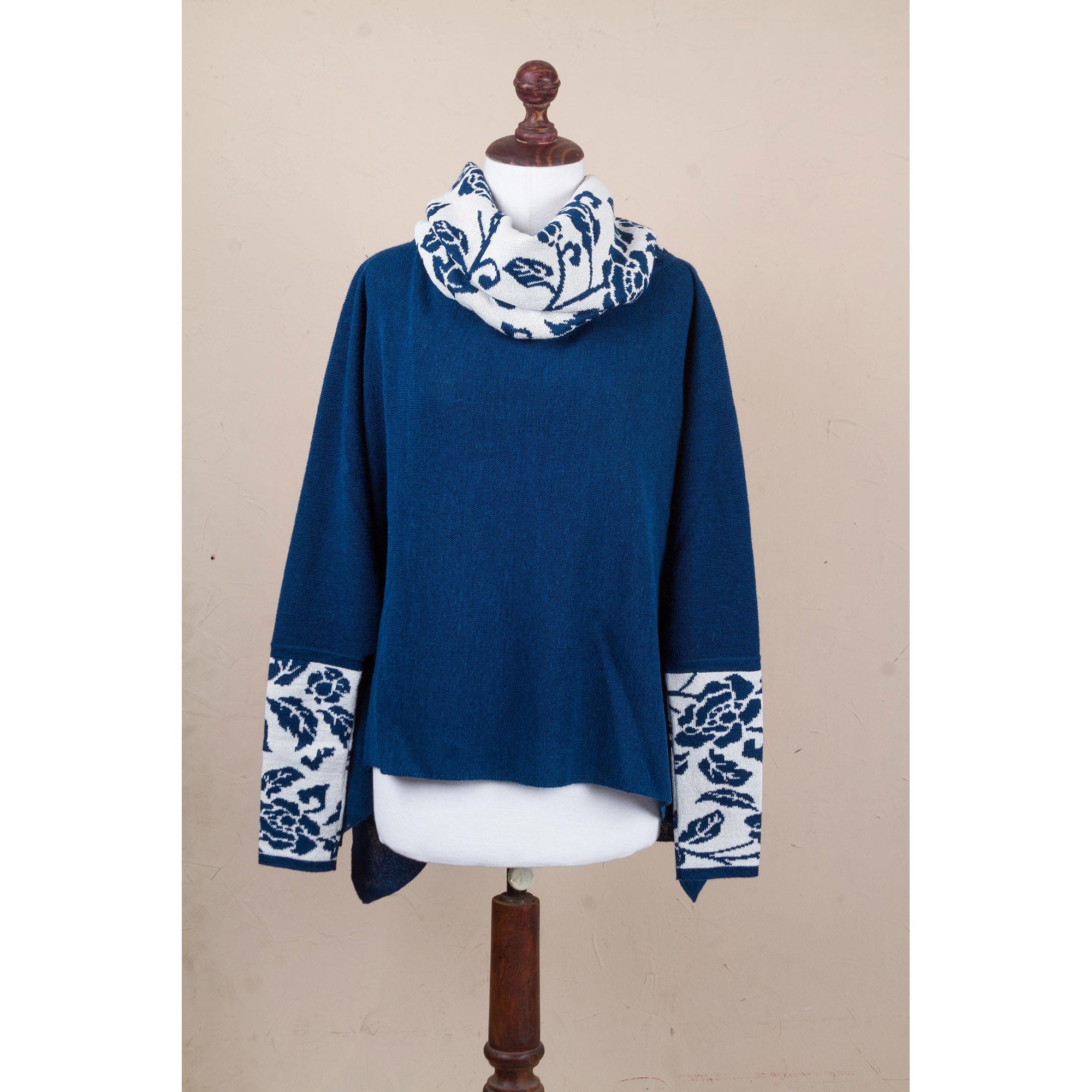 Blue Roses Poncho with Sleeves